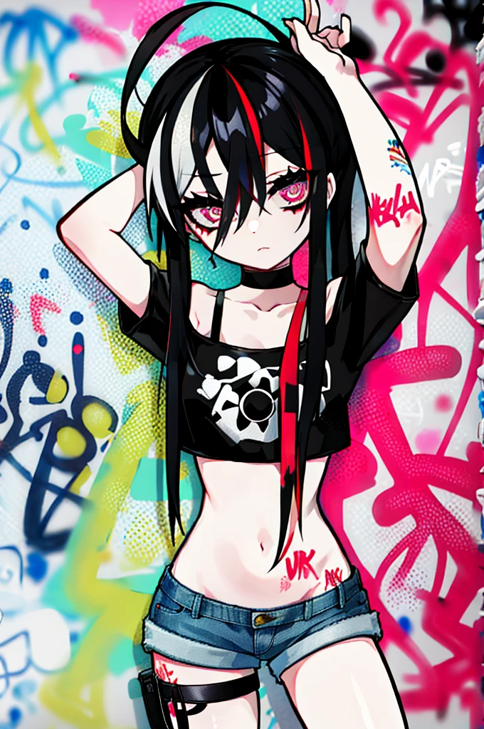 absurdres, best quality,1girl, solo, streaked hair, crop top, denim shorts, choker, (graffiti:1.25),  paint splatter, arms behind back, (slouching), leaning back, against wall, (leaning to the side:0.125), looking at viewer, armband, thigh strap, streaked hair, paint on body, upturned eyes, head down, head tilt, (from side:0.9), bored, (expressionless:0.75),  lam \(ramdayo\)