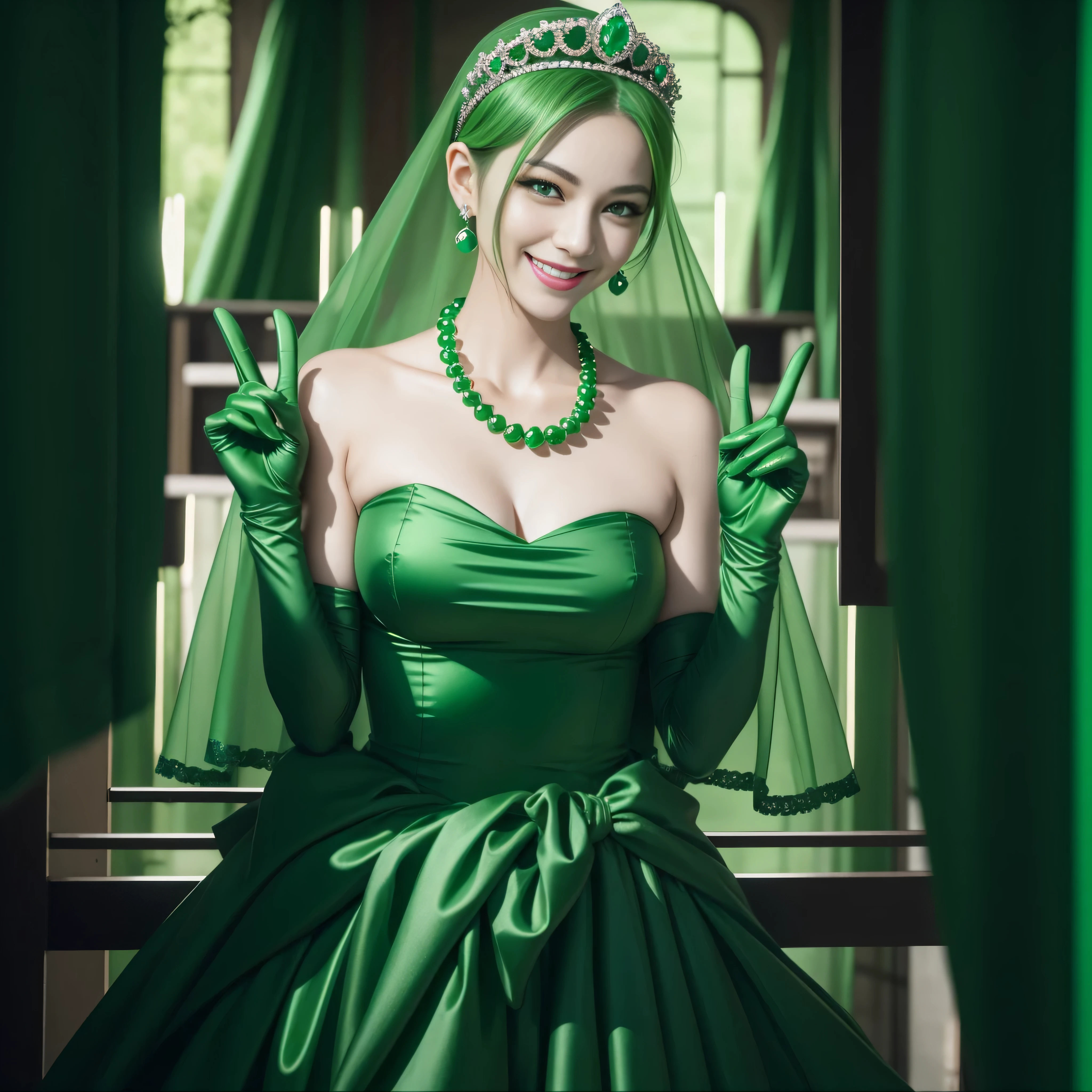 emerald tiara, Green Pearl Necklace, Boyish very short green hair, lipsticks, Japan woman smiling, very short short hair, big breasts beautiful, Green eyes, Long green gloves made of satin material, Green eyes, v sign,両手でv sign, Emerald Earrings, Green hair