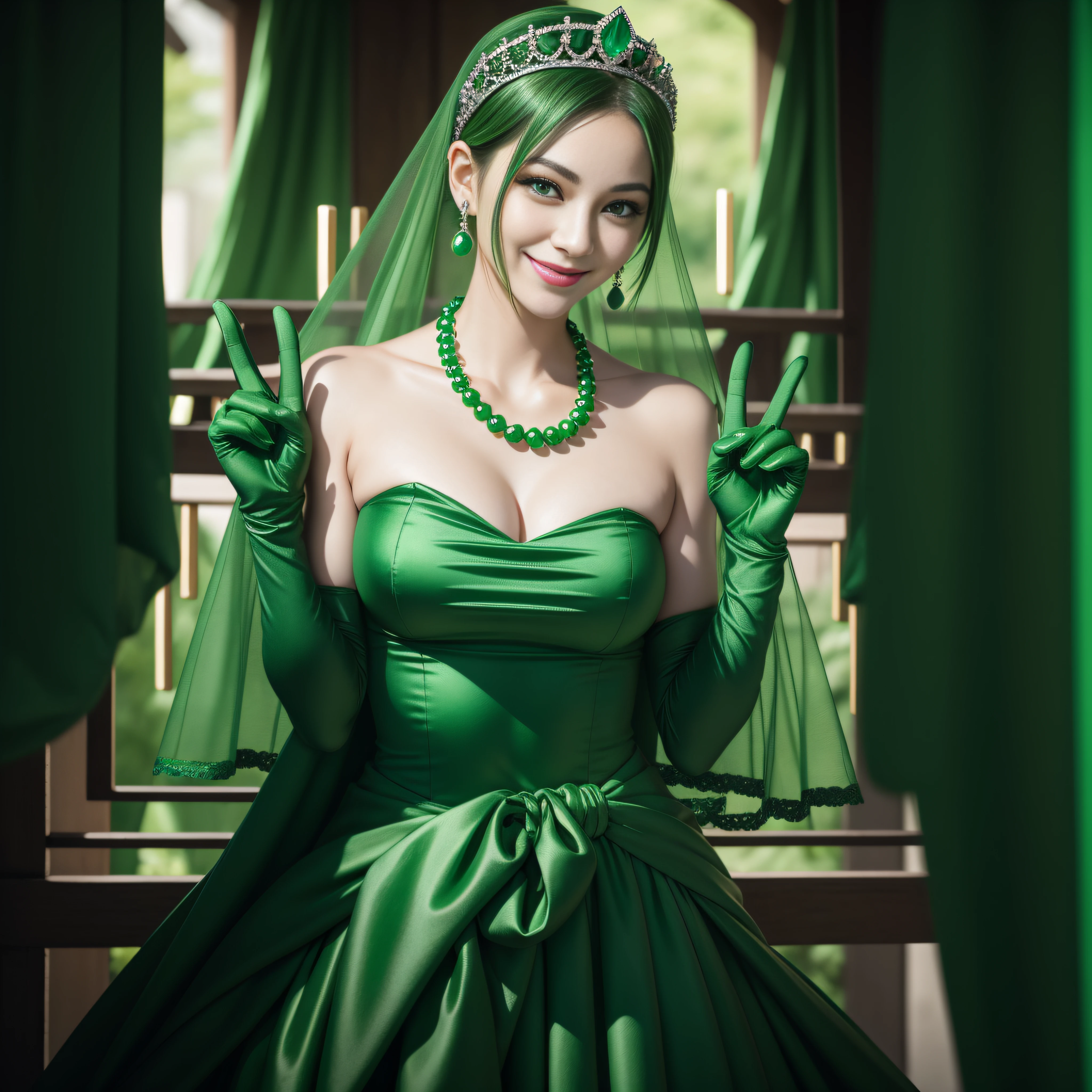 emerald tiara, Green Pearl Necklace, Boyish very short green hair, lipsticks, Japan woman smiling, very short short hair, big breasts beautiful, Green eyes, Long green gloves made of satin material, Green eyes, Emerald Earrings, green vale, v sign