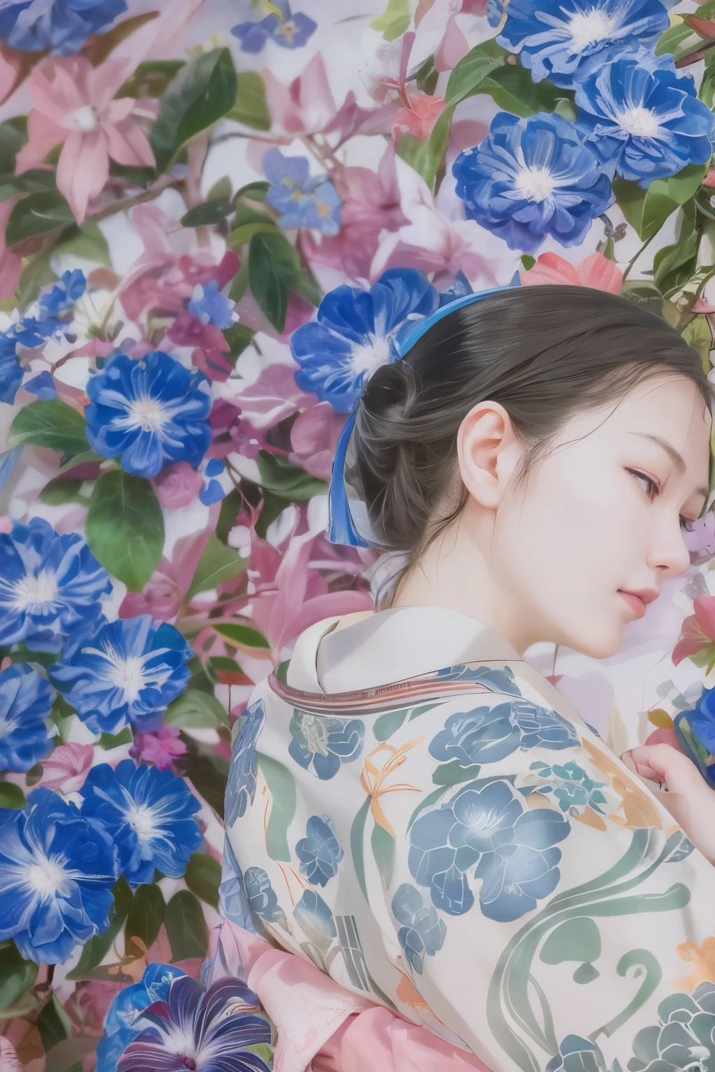 painting of a woman in a kimono dress standing in front of a bush of blue flowers, by Otake Chikuha, by Mei Qing, by Asai Chū, by Kawai Gyokudō, by Kishi Ganku, by Tanomura Chikuden, by Eizan Kikukawa, by Ueda Fumito