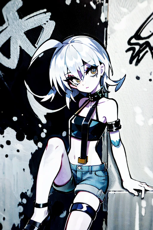 Absurdidade, Qualidade Superior, 1 girl, sozinho, cabelo listrado, tampo de corte branco, shorts jeans escuros, Gargantilha, (grafity: 1.25), splatter de tinta, arms behind back, (Desleixo), leaning back, leaning against the wall, (Inclinado para o lado: 0.125), assista ao espectador, Armlets, thigh straps, cabelo listrado, Pintura no corpo, Olhos voltados para cima, with his head down, tilt your head, (do lado: 0.9), entediado, (no expression: 0.75), Ram \ (Ramdayo \),
