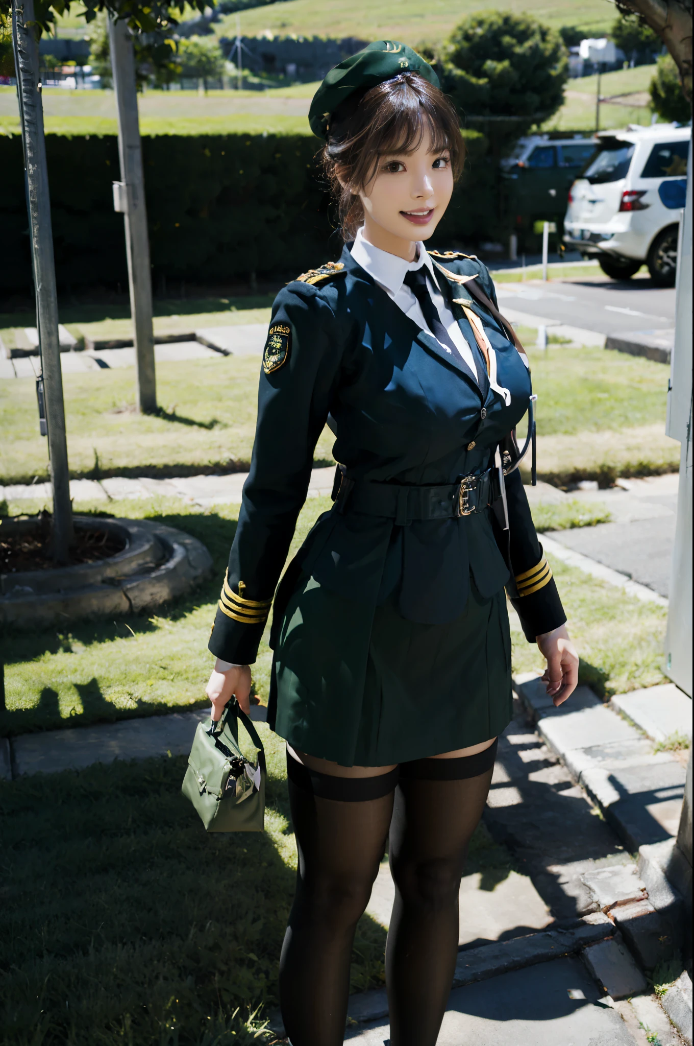 Usually detailed CG Unity 8K wallpaper，（tmasterpiece），（best qualtiy），（ultra - detailed），（Ultra photo realsisim），（best character detail：1.36），Nikon D750 f / 1.4 55mm，profesional lighting， physically-based renderingt, 1girll, Female soldier，army suit，Dark green military uniform，Fabric texture military uniform，Pure white lining，Dark green tie，Army green skirt，military hat，Bare legged，Plump legs，whitestocking，Black hair，the golden ratio,[:(com rosto detalhado:1.2):0.2]:，PureErosFace_V1, broad shoulder,(Bigchest:1.5),(big assa:1.5),Squat on the grass，Thighs apart，The skirt covers the bottom of the skirt，In the square，Splendid scenery，bright sun，RAW photogr，frontal photos， Look at the audience head-on，Night Street，lighting，Contre-Jour，Bright smile，White teeth，