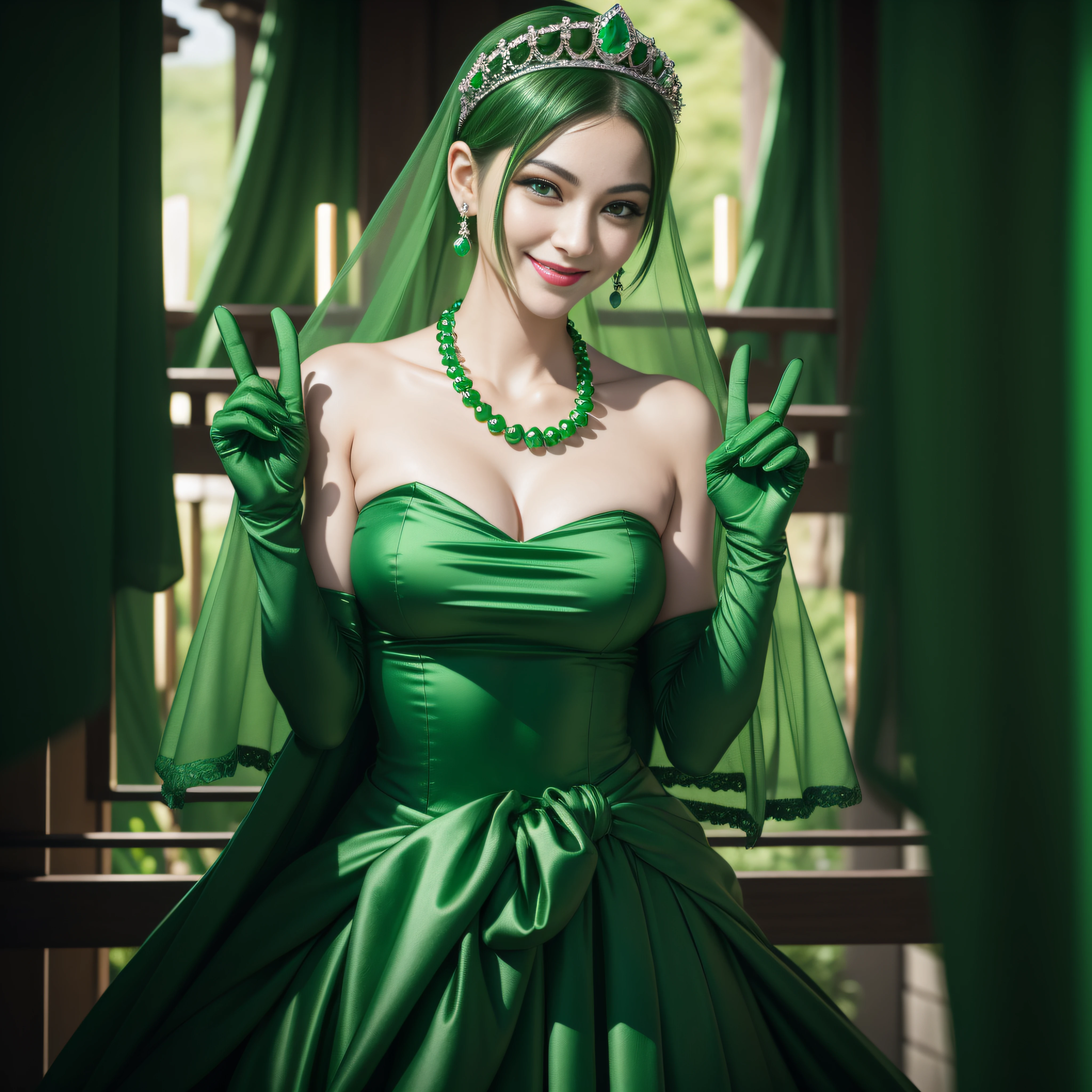 emerald tiara, Green Pearl Necklace, Boyish very short green hair, lipsticks, Japan woman smiling, very short short hair, big breasts beautiful, Green eyes, Long green gloves made of satin material, Green eyes, Emerald Earrings, green vale, v sign