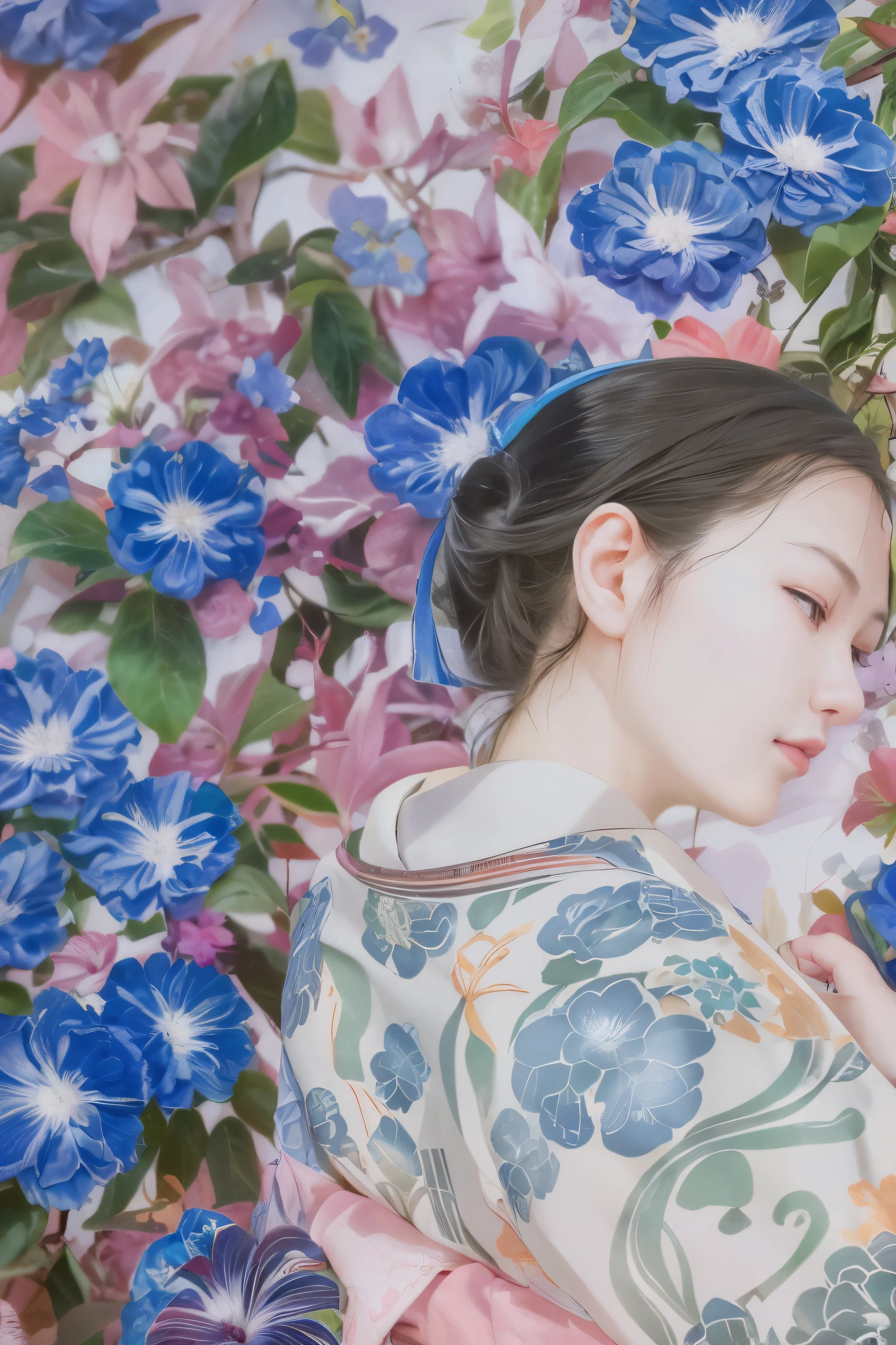 painting of a woman in a kimono dress standing in front of a bush of blue flowers, by Otake Chikuha, by Mei Qing, by Asai Chū, by Kawai Gyokudō, by Kishi Ganku, by Tanomura Chikuden, by Eizan Kikukawa, by Ueda Fumito