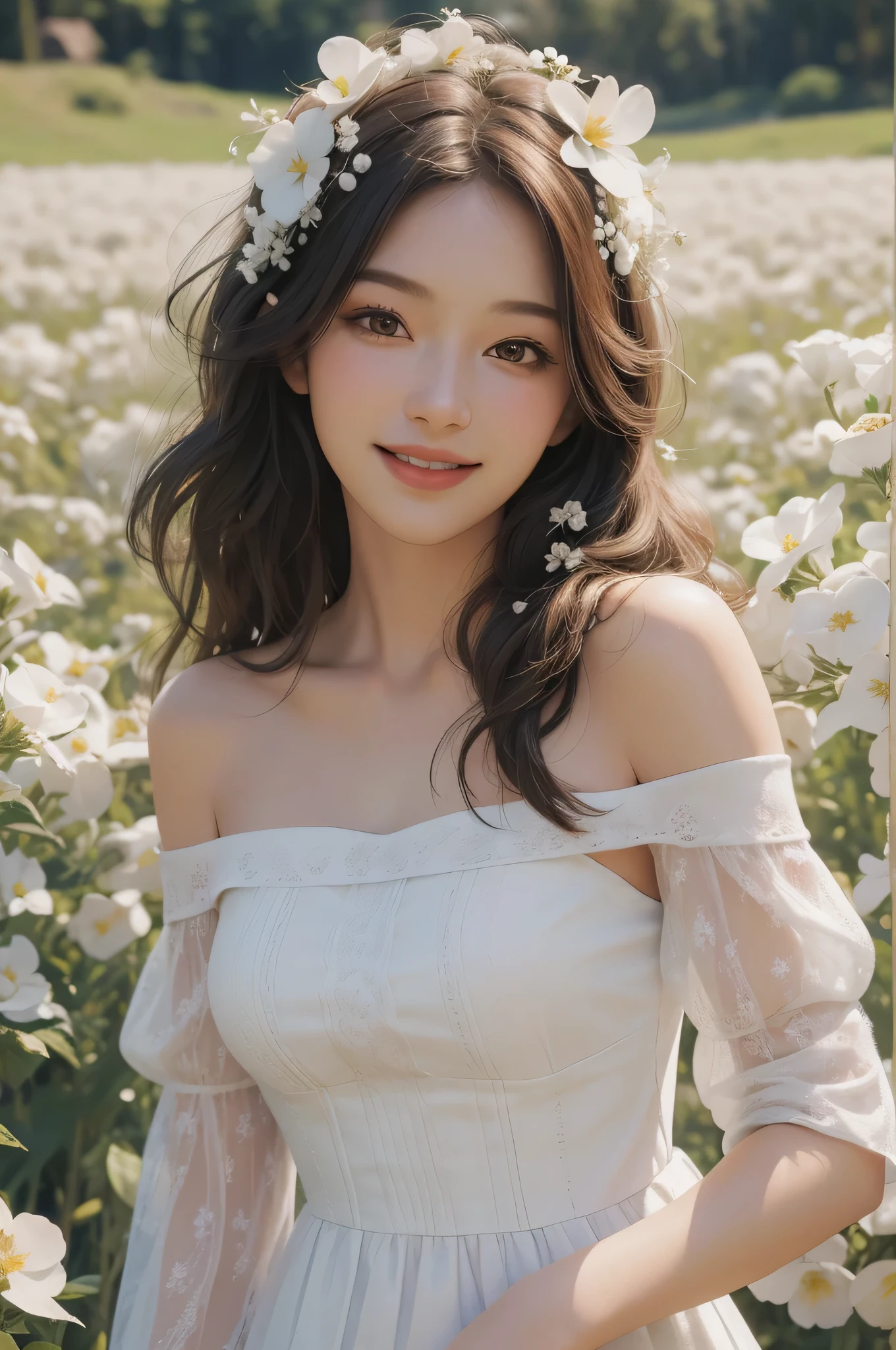 Best quality, masterpiece, ultra high res, (photorealistic:1.4), raw photo, 1girl, white dress, off shoulder, blossom flower field, glowing skin, light smile