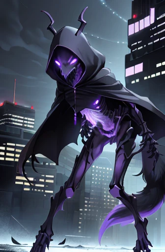 girl, wolf face, demon, ((slender)), ((protruding hipbones)), cyborg digitigrade legs, furry tail, ((protruding rib bones)), purple glowing eyes, serious expression, lace hooded poncho, night, snowy city, serious expression,