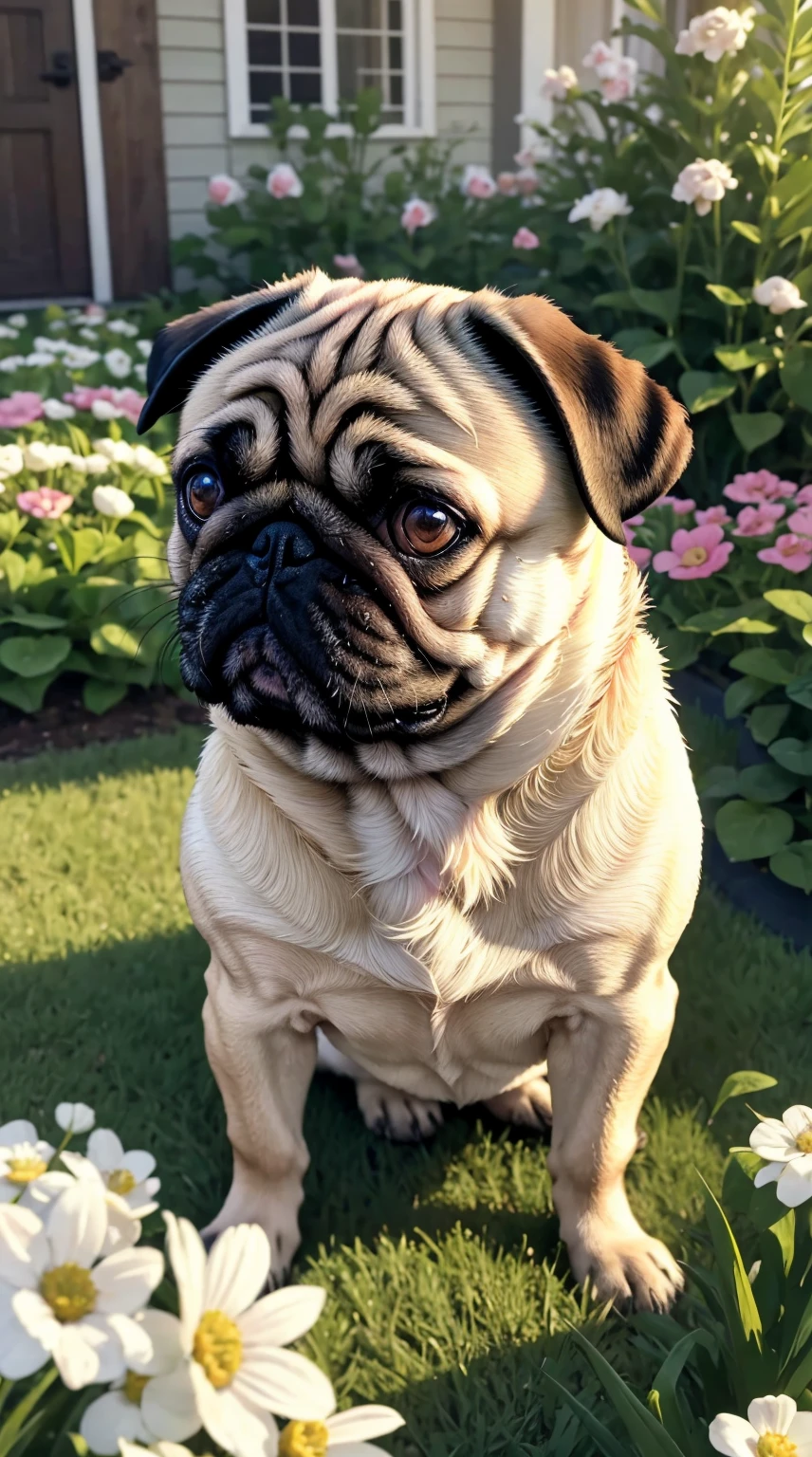 1dog,(pug,dog),not human,animal photo, cute,realistic,in spring garden,best quality, masterpiece, ultra detailed