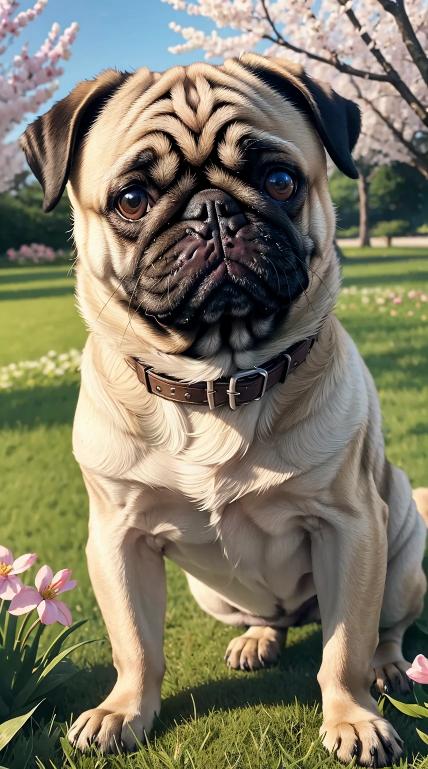 1dog,(pug,dog),not human,animal photo, cute,realistic,in spring garden,best quality, masterpiece, ultra detailed