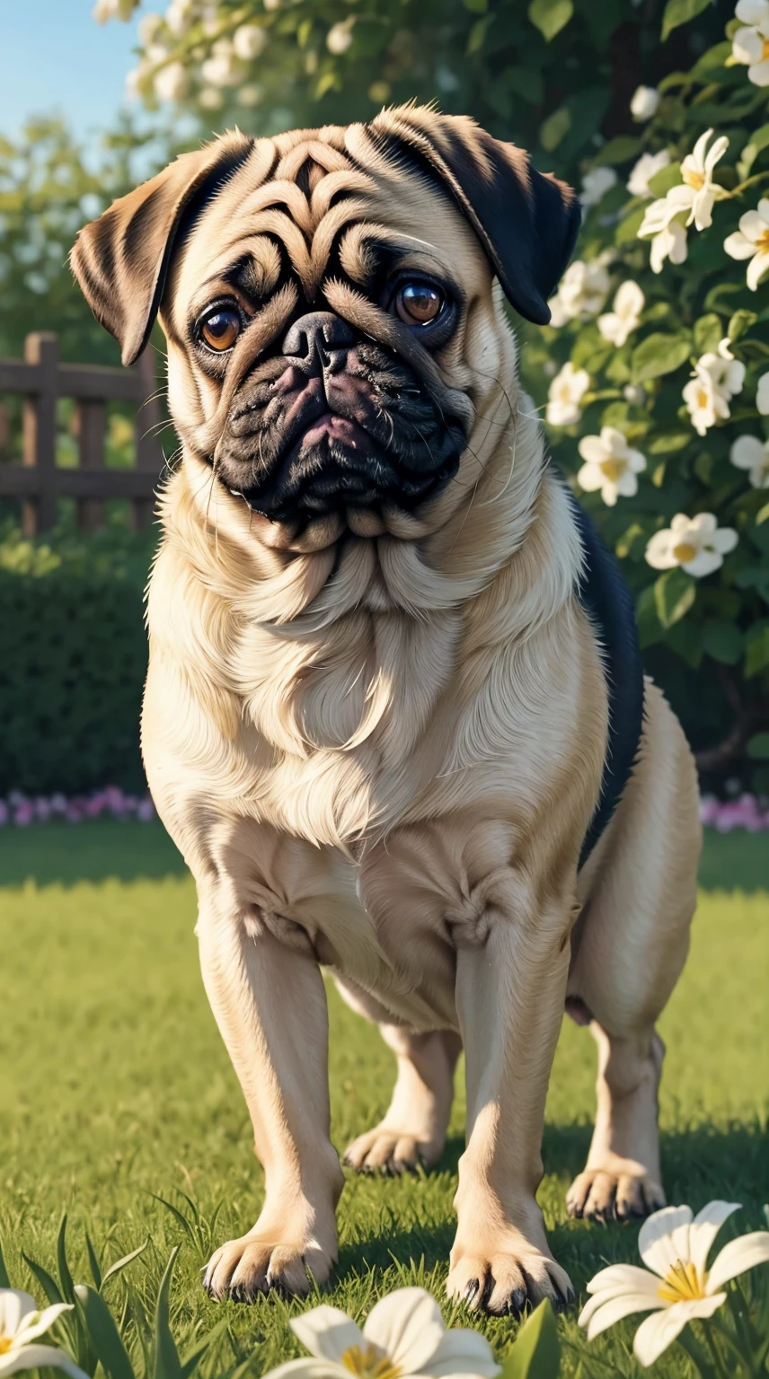1dog,(pug,dog),not human,animal photo, cute,realistic,in spring garden,best quality, masterpiece, ultra detailed