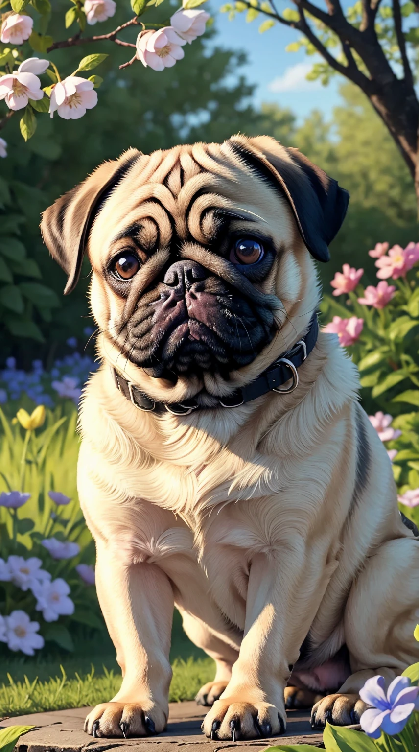 1dog,(pug,dog),not human,animal photo, cute,realistic,in spring garden,best quality, masterpiece, ultra detailed