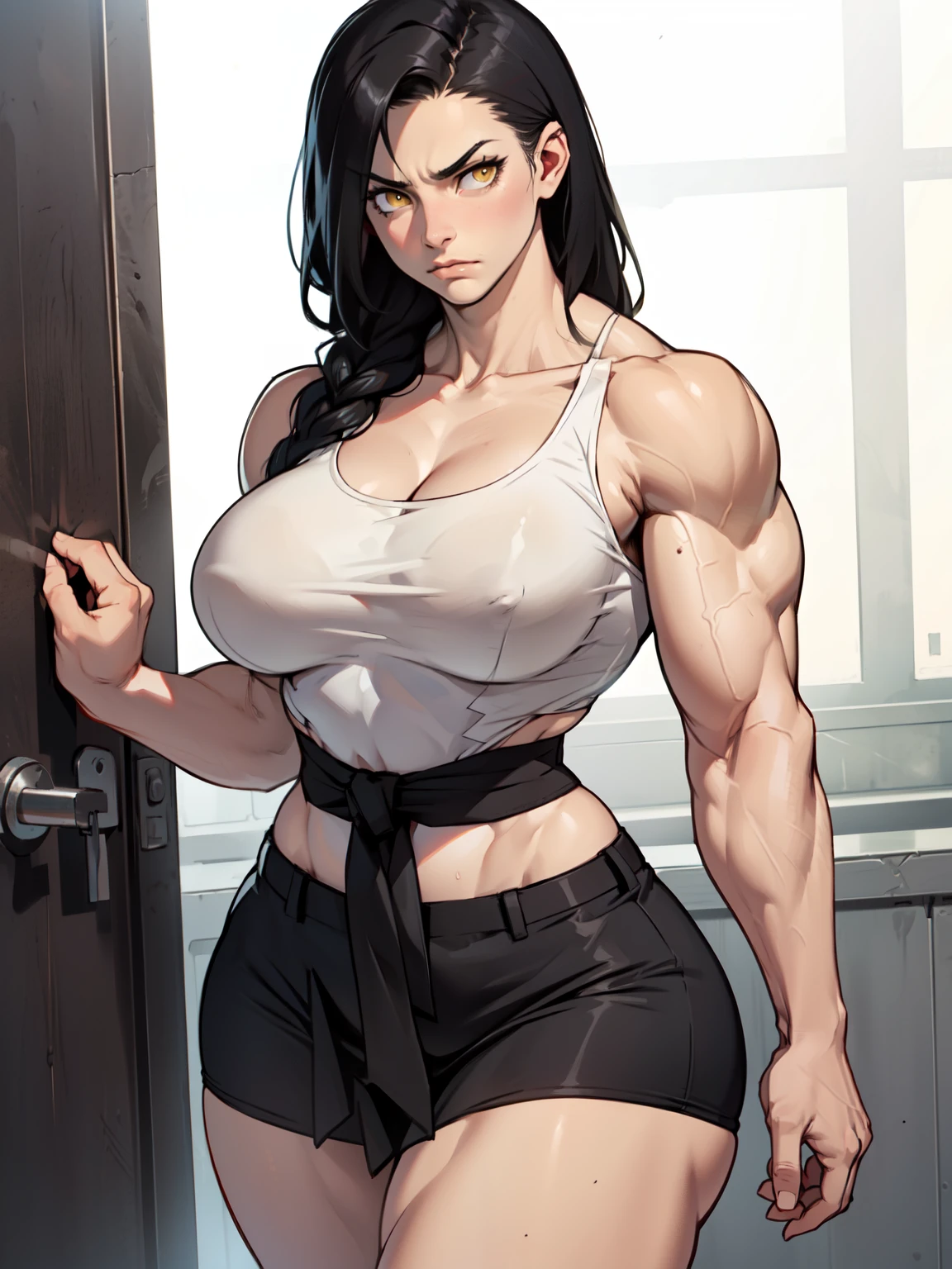 girl (((((muscular girl thin waist large breasts thick))))) pale skin black hair yellow eyes frown