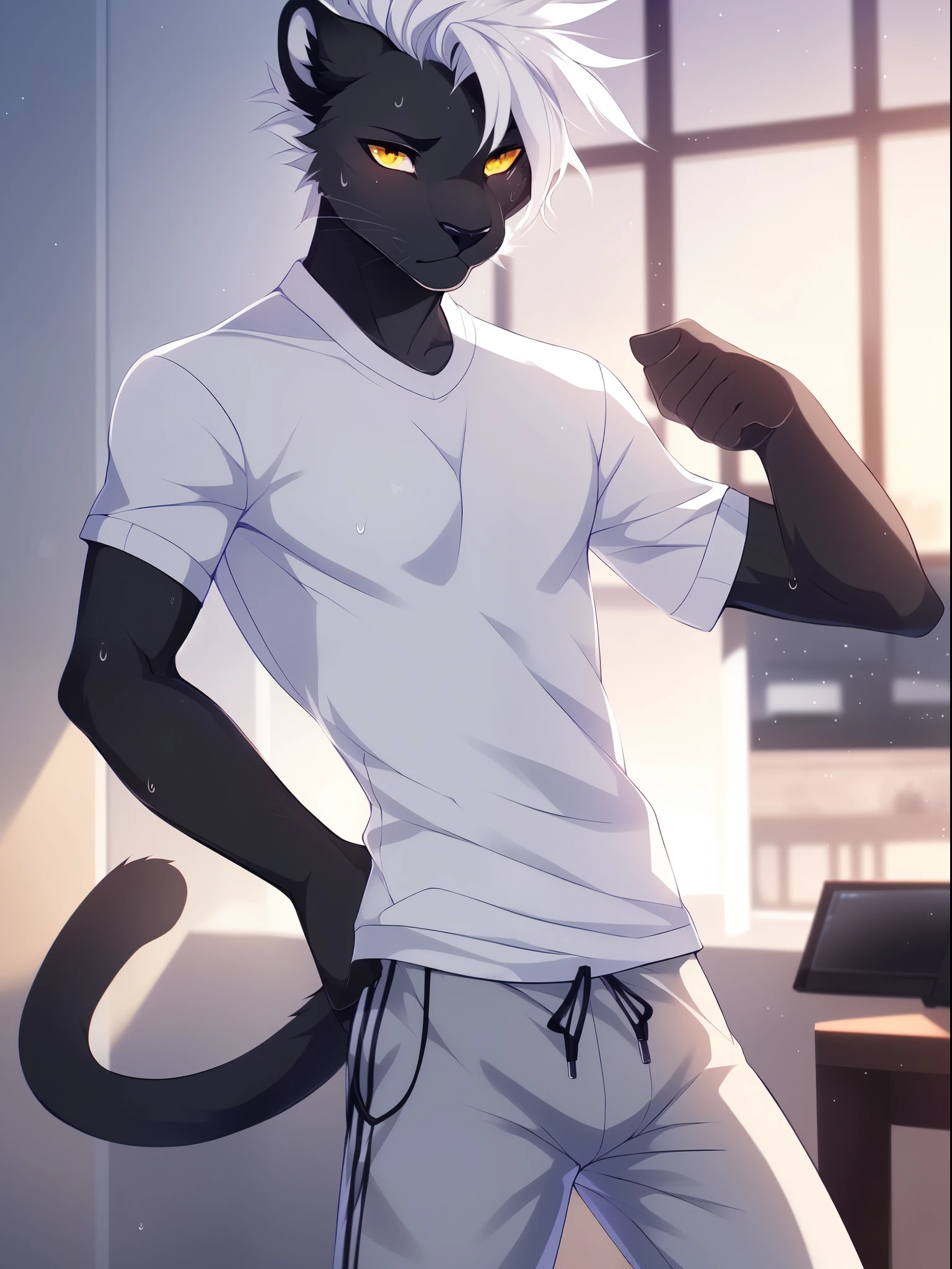 Solo, male, a cute light grey anthro furry panther boy, light grey fur, a single panther tail, muscular, white hair, faux hawk, yellow eyes, by fumiko, by hioshiru, indoors, tight white shirt, grey sweat pants, standing