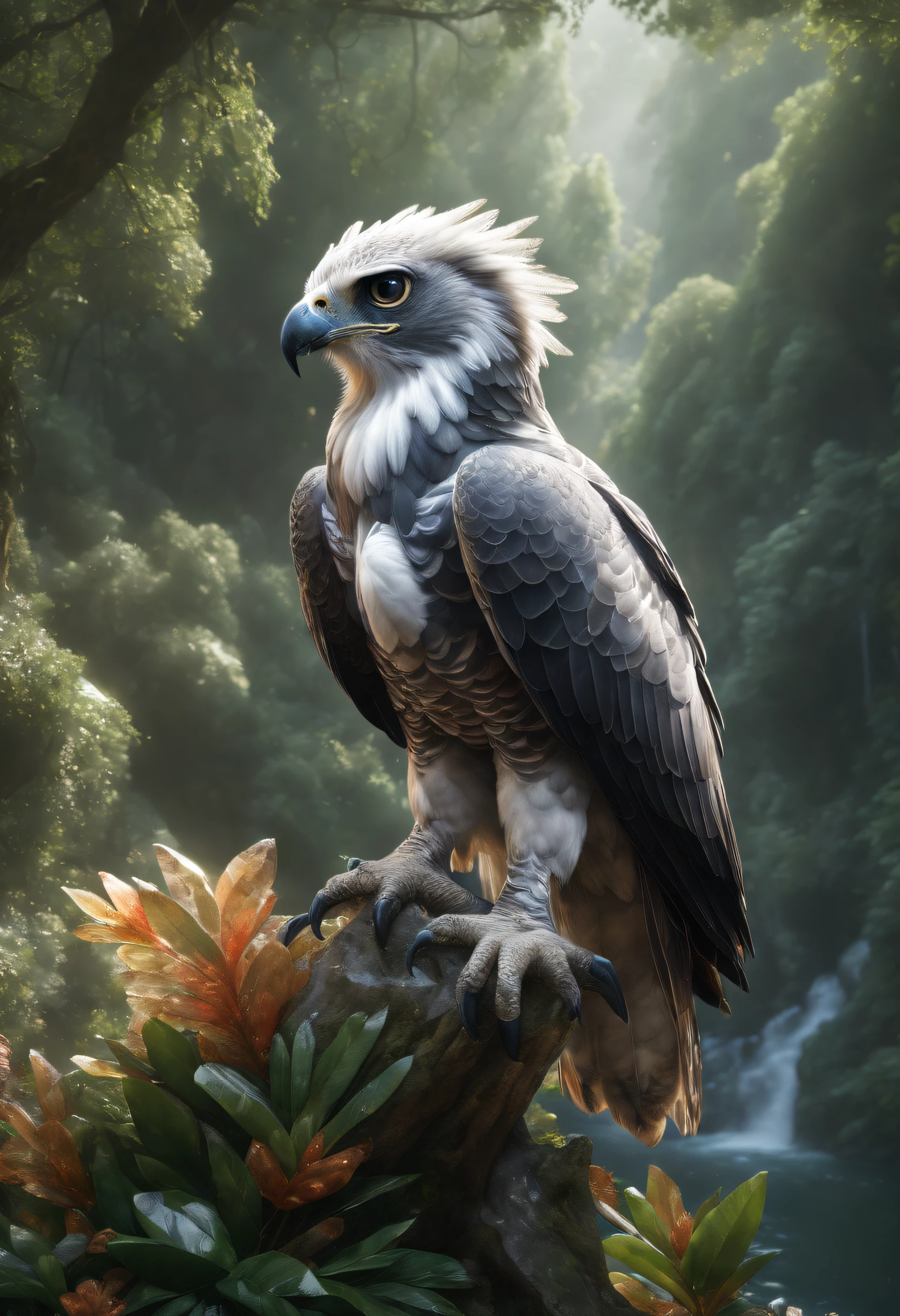 (best quality,4k,8k,Altas,master part:1.2),ultra-detalhado,(Realistic,photoRealistic,photo-Realistic:1.37), magnificent Harpy Eagle, penas parecidas com cristal,cores vibrantes,breathtaking landscapes,habitat natural, floresta tropical, towering trees, lush vegetation, atmosfera enevoada, golden sunlight streaming through the dense canopy, Breathtaking panoramic view, Montanhas majestosas ao longe, cachoeiras em cascata, rio sereno fluindo pela floresta, exotic flowers blooming in a riot of colors, vida selvagem diversa, sons tranquilos da natureza, A sense of peace and harmony, rare and threatened species, tesouros escondidos esperando para serem explorados, a sense of wonder and wonder, an immersive and captivating experience, um convite para apreciar a beleza e a diversidade do mundo natural, ((cores vibrantes))