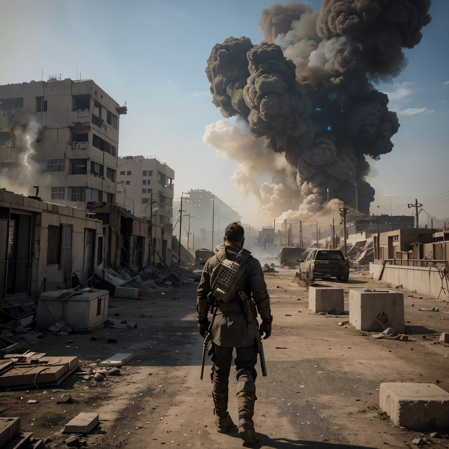 A city in a post-apocalyptic environment with burning buildings, downed planes and dense dust cloud, there is an android on top of stone and concrete rubble looking to the right with a sword in its hand