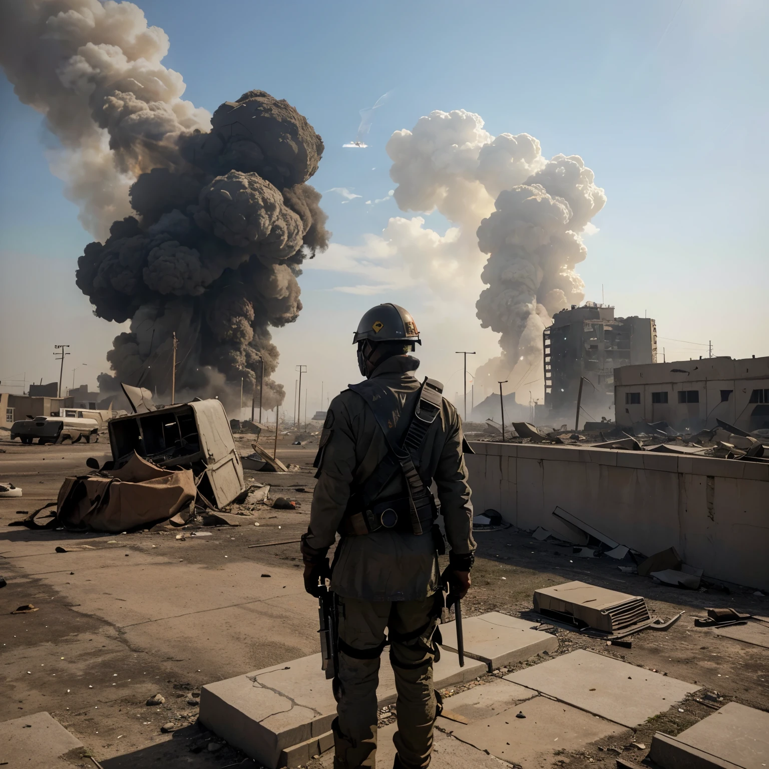 A city in a post-apocalyptic environment with burning buildings, downed planes and dense dust cloud, there is an android on top of stone and concrete rubble looking to the right with a sword in its hand