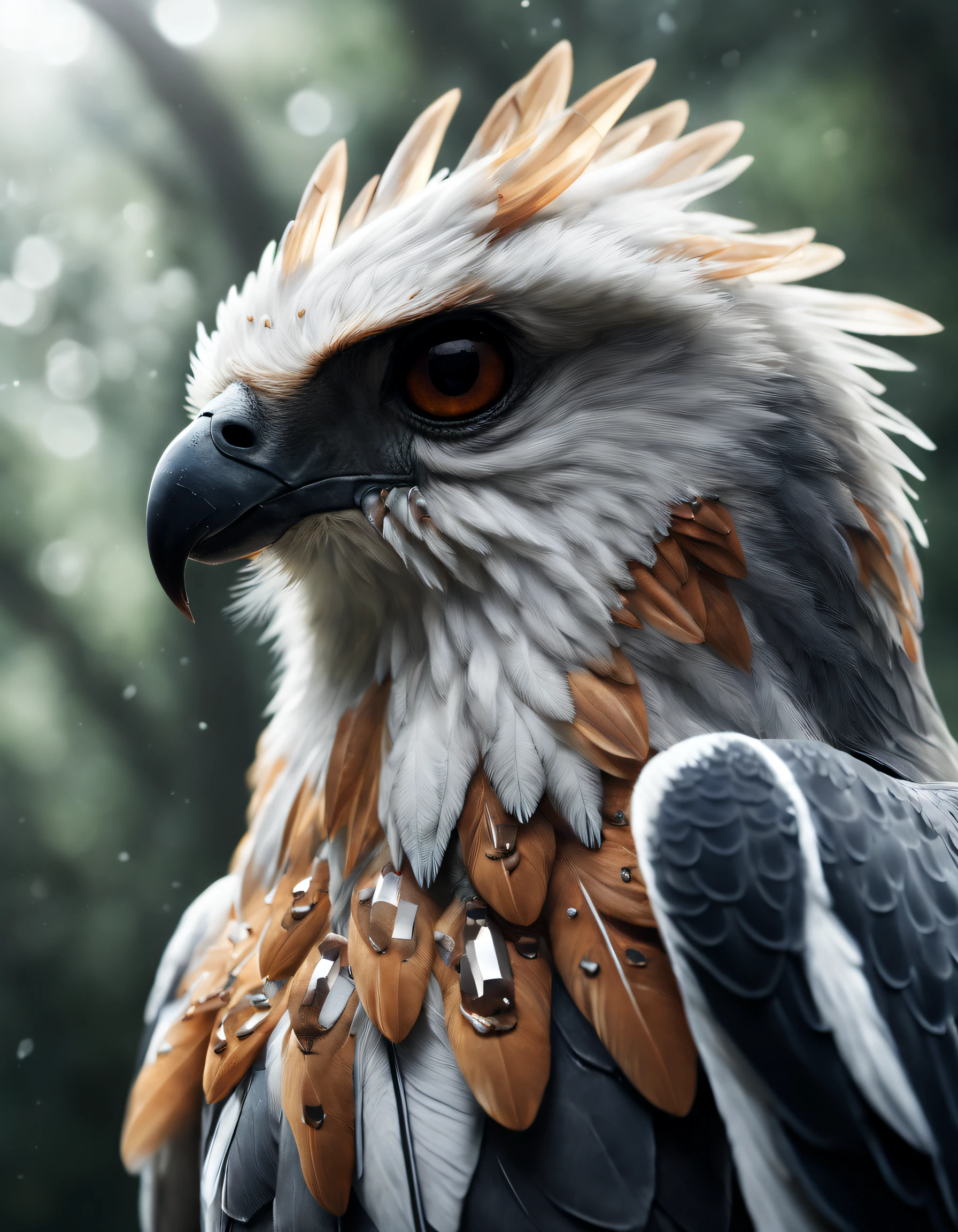 (best quality,4k,8k,Altas,master part:1.2),ultra-detalhado,(Realistic,photoRealistic,photo-Realistic:1.37),
magnificent Harpy Eagle,penas parecidas com cristal,cores vibrantes,breathtaking landscapes,habitat natural, floresta tropical, towering trees, lush vegetation, atmosfera enevoada, golden sunlight streaming through the dense canopy, Breathtaking panoramic view, Montanhas majestosas ao longe, cachoeiras em cascata, rio sereno fluindo pela floresta, exotic flowers blooming in a riot of colors, vida selvagem diversa, sons tranquilos da natureza, A sense of peace and harmony, rare and threatened species, tesouros escondidos esperando para serem explorados, a sense of wonder and wonder, an immersive and captivating experience, um convite para apreciar a beleza e a diversidade do mundo natural.