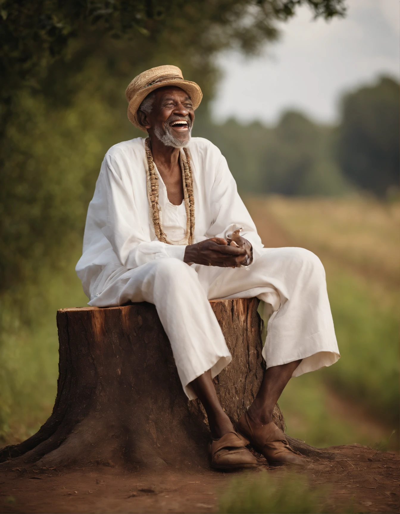 Laughing very old african man with a very enthusiastic expression, in the style of Frances Brundage, sitting on a tree stump, on the side of a country road, smoking an old pipe, white traditional African clothing