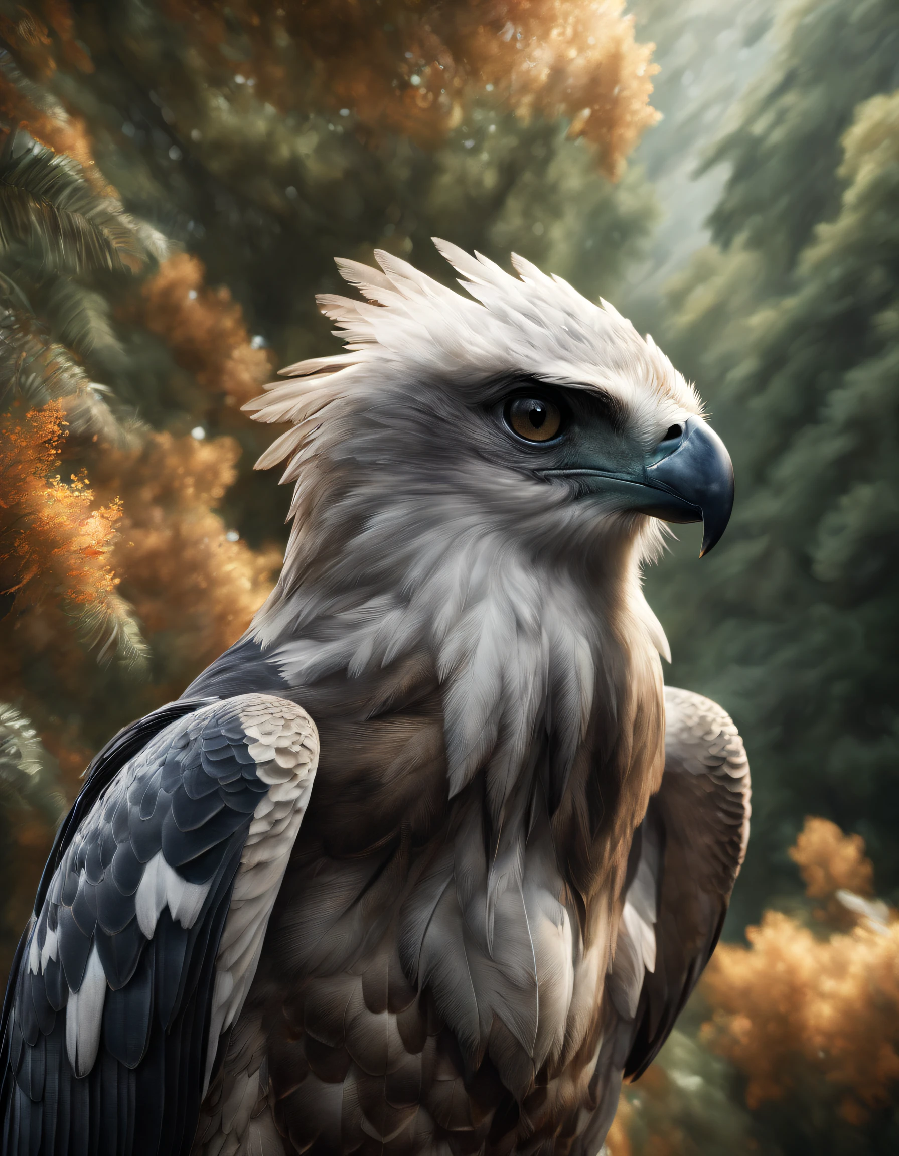 (best quality,4k,8k,Altas,master part:1.2),ultra-detalhado,(Realistic,photoRealistic,photo-Realistic:1.37),
magnificent Harpy Eagle,penas parecidas com cristal,cores vibrantes,breathtaking landscapes,habitat natural, floresta tropical, towering trees, lush vegetation, atmosfera enevoada, golden sunlight streaming through the dense canopy, Breathtaking panoramic view, Montanhas majestosas ao longe, cachoeiras em cascata, rio sereno fluindo pela floresta, exotic flowers blooming in a riot of colors, vida selvagem diversa, sons tranquilos da natureza, A sense of peace and harmony, rare and threatened species, tesouros escondidos esperando para serem explorados, a sense of wonder and wonder, an immersive and captivating experience, um convite para apreciar a beleza e a diversidade do mundo natural.