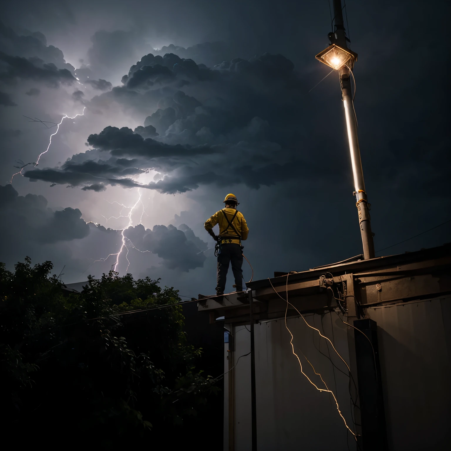 Electrician with all safety equipment resetting a switch on a pole with a resetting wand at night amidst a lightning storm moon lighting and camera from below