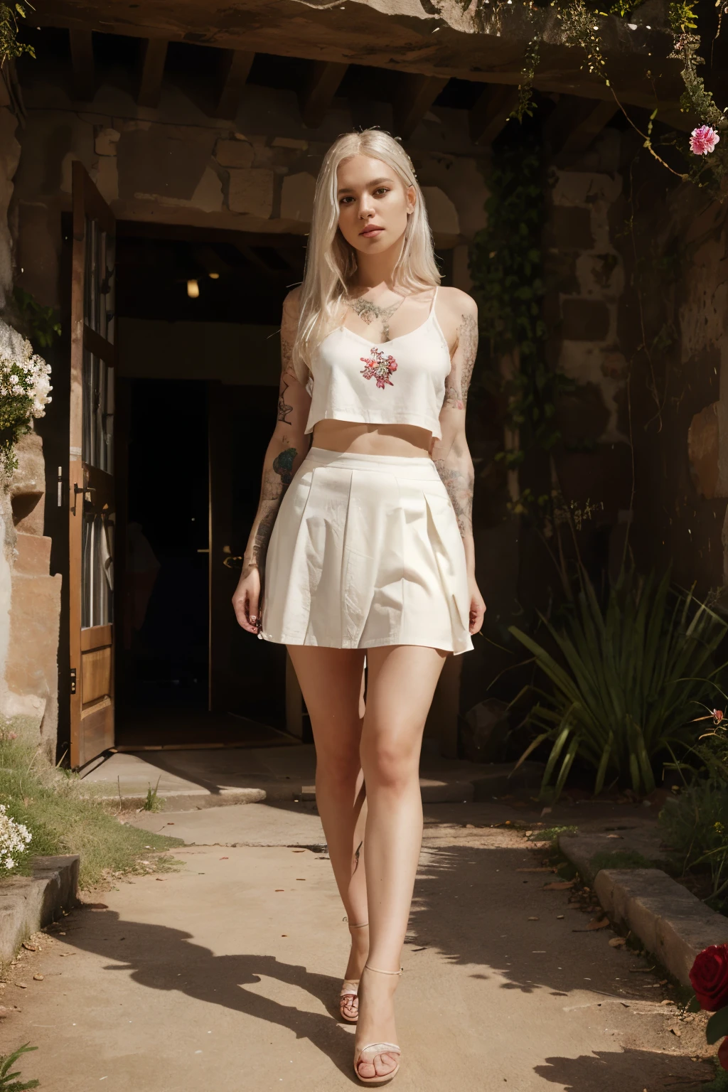 1girl, full body, solo, white_hair, tattoos, grotto, fashion, public, people, clothes, skirt, flowers, beautiful, idyllic, sublime, absurdres, hyper-realism, textured, maximum_detail, dslr