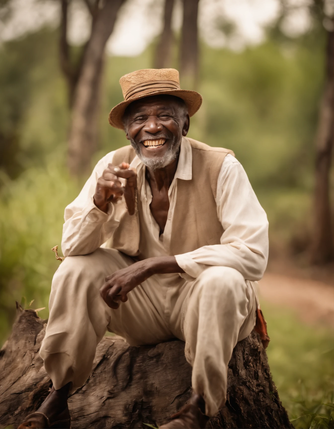 Laughing very old african man with a very enthusiastic expression, in the style of Frances Brundage, sitting on a tree stump, on the side of a country road, smoking an old pipe, white traditional African clothing