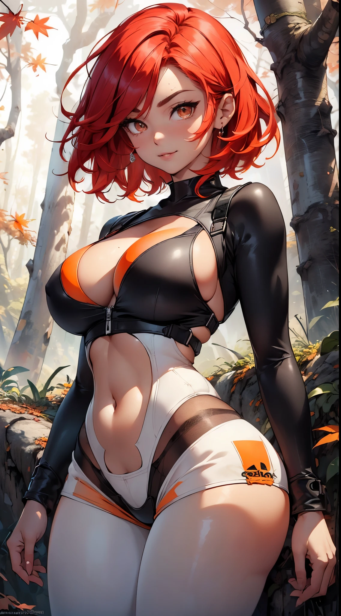 1female, 23 years old, she has short flowing light RED hair, hair straight, (short hair: 1.5), (red hair: 1.35), red eyebrows, brown eyes, large breasts, big chest, wide hips, Hourglass body shape, inflated thighs, hourglass waist, abs, fit, narrow waist, Bigchest, (white skin:1.35), (((wearing a oversized cropped black shirt))), (((wearing loose adidas shorts))), pants with folds, (sport pants), Wet straight hair, ((autumn forest background)), (Detailed background) (full detaile 8k), vfx, (perfectly detailed eyes), (looking at public) (dynamic pose:1.0),embarrassed,(centered,scale to fit dimensions,Rule of thirds), highres,sharp focus,(ultra detailed,extremely detailed),(photorealistic artwork:1.37),(extremely detailed CG unity 8k wallpaper),(((vibrant colors,vibrant theme))), Emotive expressions,Open-mouthed, seductive look, smile, Chest sagging, extremely large bosom, Extremely colorful, standing on your feet, Cinmatic lightning, detailed background, Most detailed,, The face is well lit, (intricate) (masterpiece), (best quality), (round face), (detailed face) From the font side, Front view, coquete look,(Ojos sutiles y hermosos :1.1),(bodysuit black:1.4),(bikini trikini Orange:1.4)