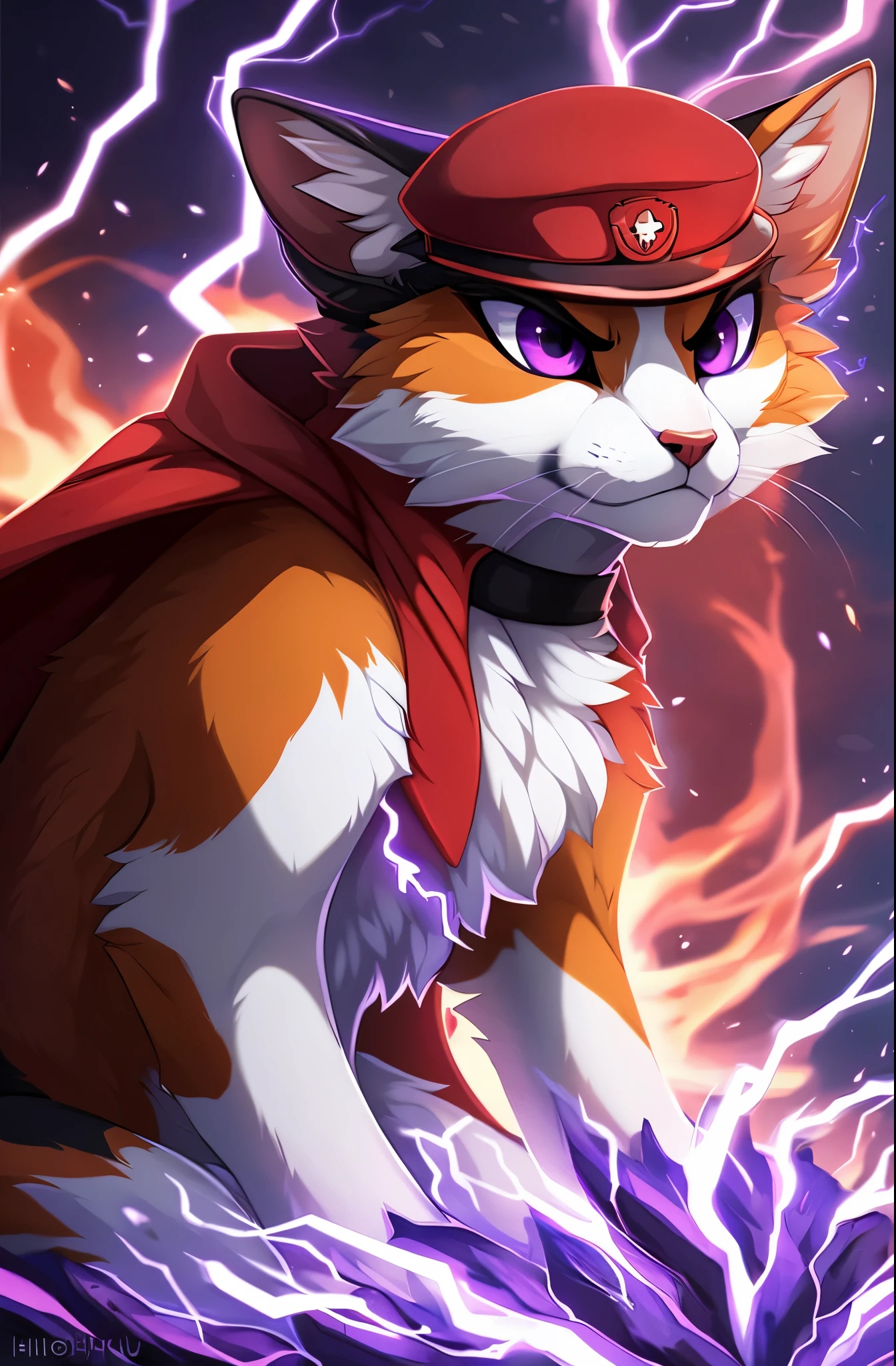 Solo, a feral orange and white calico cat, purple eyes, feral cat, purple eyes, sitting, looking angry, purple electricity surging through him, by hioshiru, wearing a red and black military cap, red cape