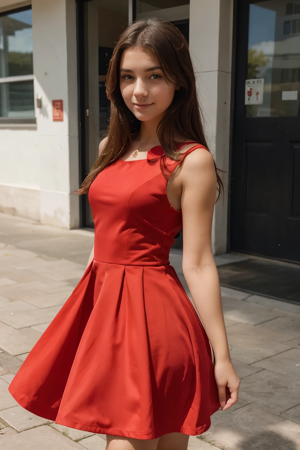 same girl with red dresses at the school