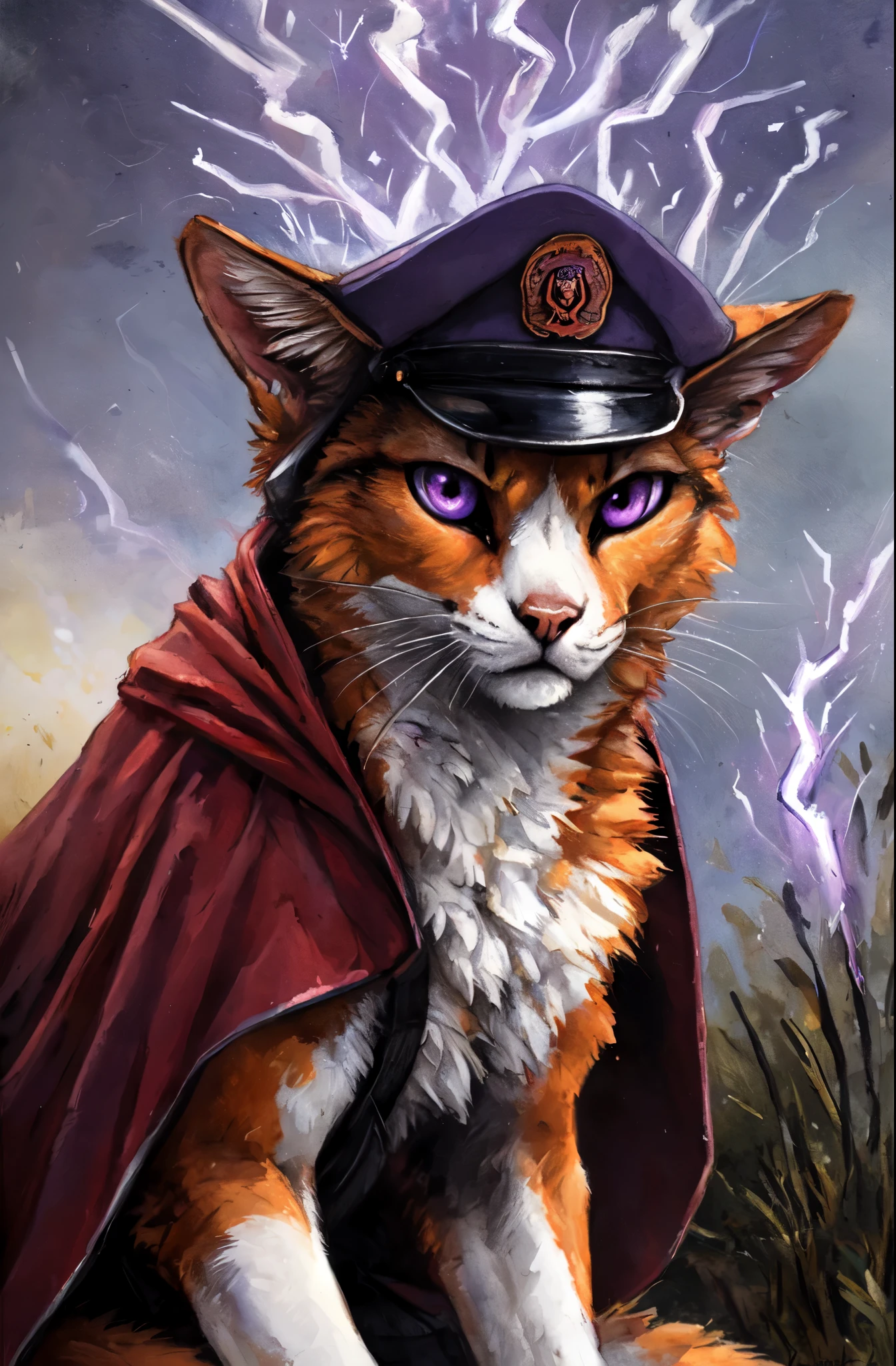 Solo, a feral orange and white calico cat, purple eyes, feral cat, purple eyes, sitting, looking angry, purple electricity surging through him, by kenket, wearing a red and black military cap, red cape