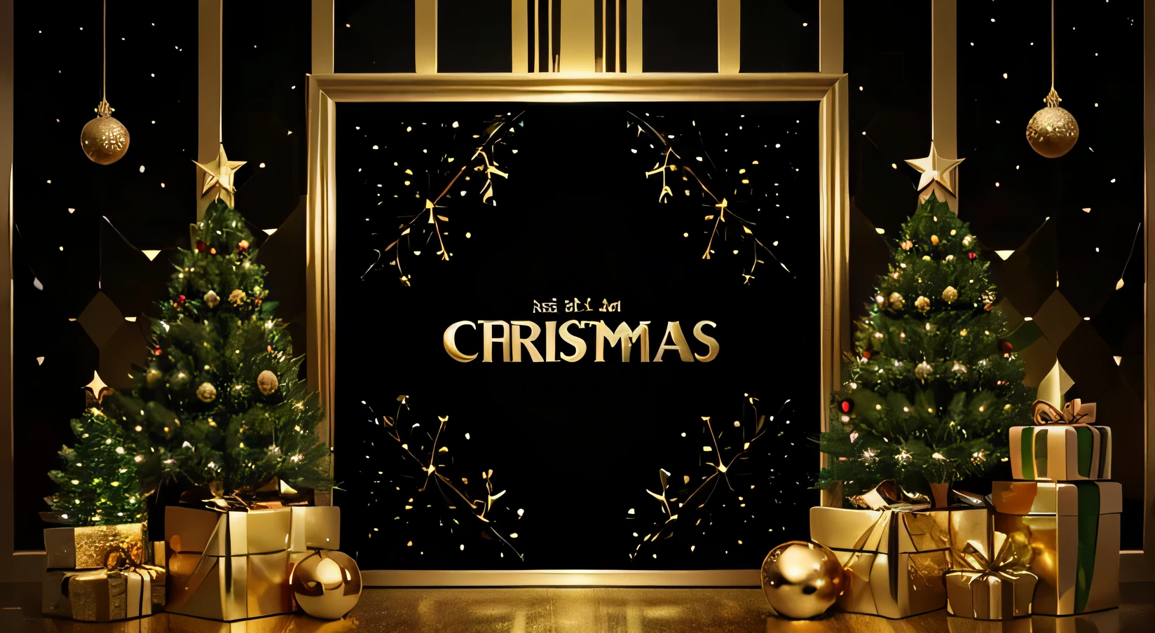 um fundo preto e dourado com uma borda dourada, guirlandas de natal, Bolas de Natal, Christmas tree, arte digital, imagem de fundo, Highly detailed illustration.", poster illustration, 1920x1080