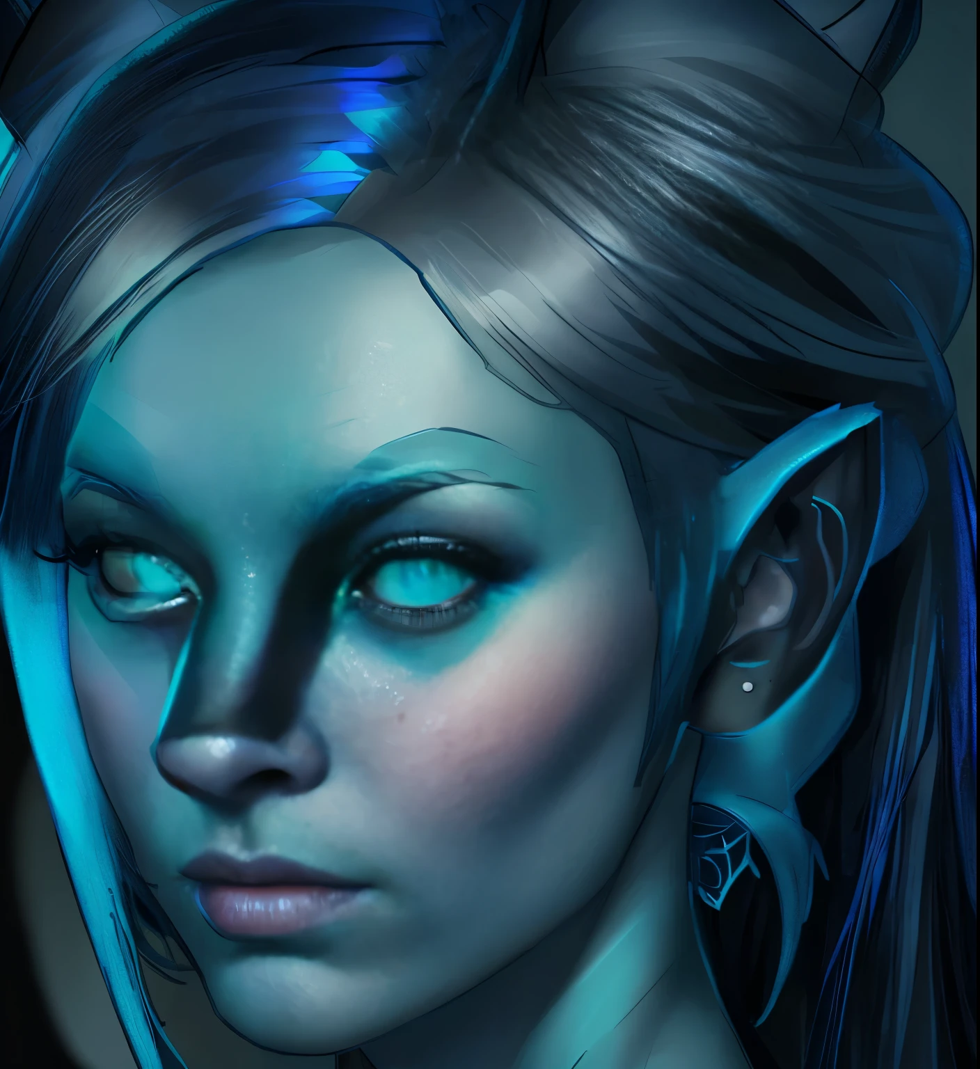 a drawing of a woman with a cat's face and a nose, dnd portrait of a tiefling, blue tiefling, resembling a mix of grimes, woman / cat hybrid, young woman with lynx head, illustration black outlining, woman with cat ears, tiefling, intense line art, goblin female portrait, dark linework, half elf woman, character art closeup, teal skin, dark blue hair, elf ears,