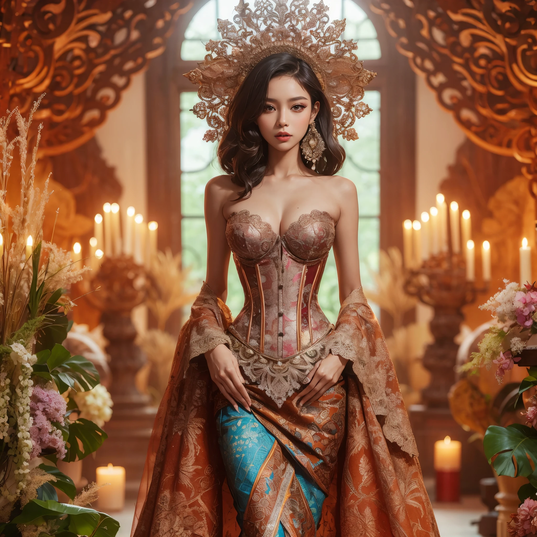 generate a lady wearing tight luxury kebaya, luxury bustier corset, batik tight long skirt and sanggul hair, slim waist, propotional body, standing in front of candi, the aura is really beauty, make the picture looks so lovely, perfect hands, perfect fingers, pretty lips, sharp eyes, lens glare, masterpiece, full body picture, hyperdetail, 8k, ambient effect, digital effect