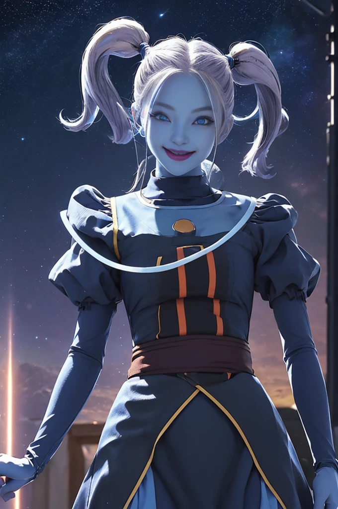 ((masterpiece,best quality)), absurdres,
Marcarita_DB, solo,  twintails, blue skin, blushing, smiling, detailed eyes, cowboy shot, 
space in background, cinematic composition,