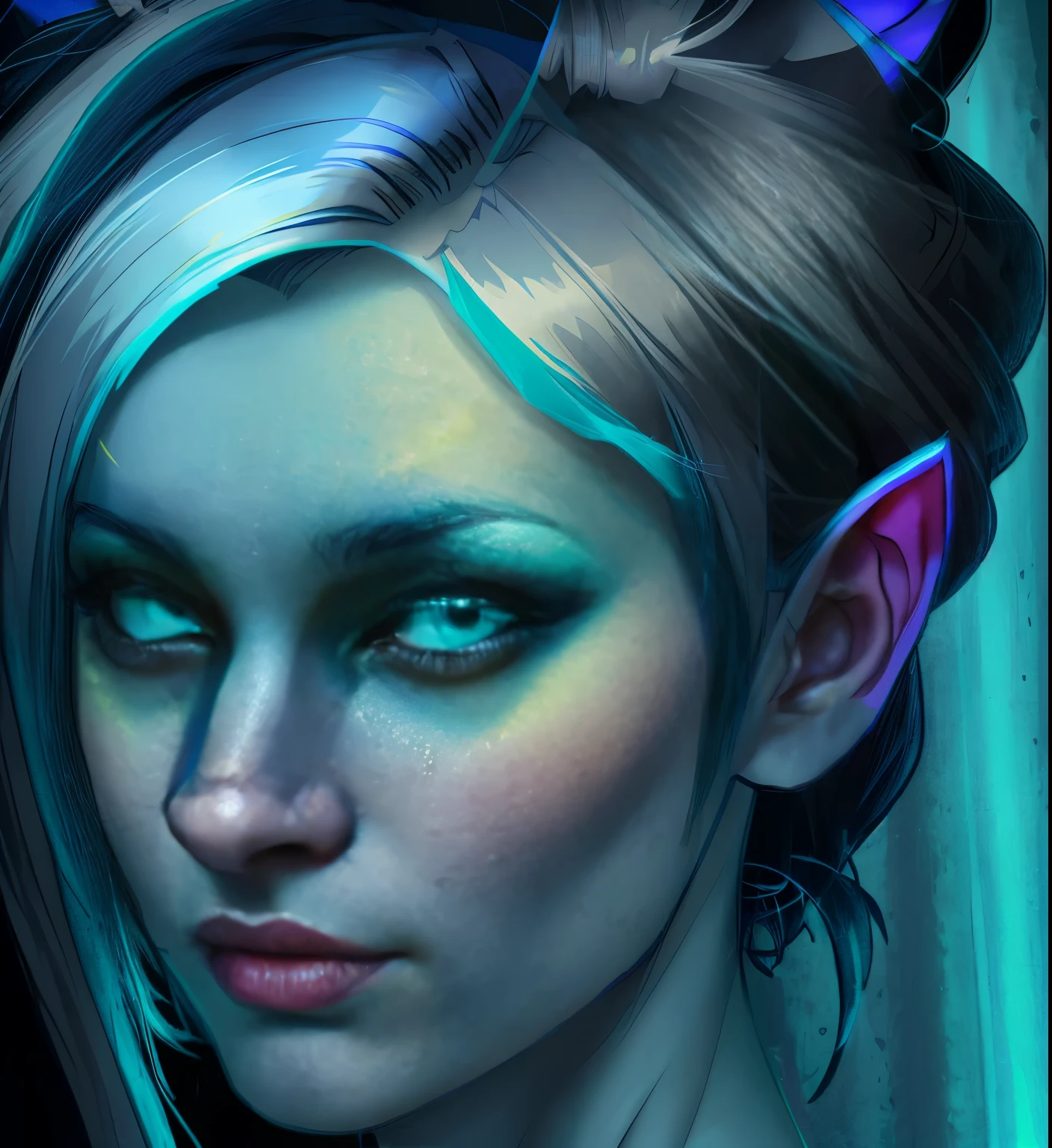 a drawing of a woman with a cat's face and a nose, dnd portrait of a tiefling, blue tiefling, resembling a mix of grimes, woman / cat hybrid, young woman with lynx head, illustration black outlining, woman with cat ears, tiefling, intense line art, goblin female portrait, dark linework, half elf woman, character art closeup, teal skin, dark blue hair, elf ears,
