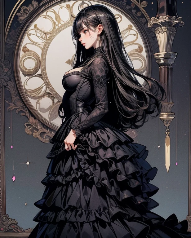 Fine Illustration, ultra-detailliert, hight resolution, from the front side, , Elegant woman, Elegant Pose, Black_Dress, body suit, white_shiny long hair, Beautiful woman, scenery world, detailed body suit with glittery decoration of Dress, detailed embroidery, very layered frills, Detailed texture, Detailed pattern, background at room,