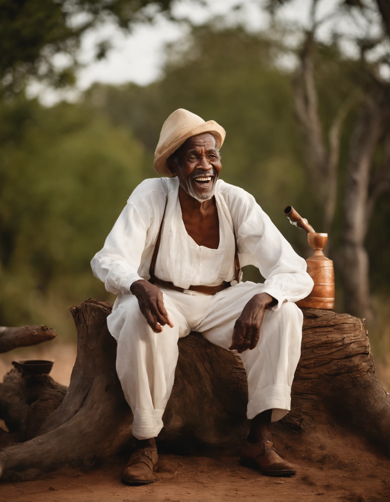 Laughing very old african man with a very enthusiastic expression, in the style of Frances Brundage, sitting on a tree stump, on the side of a country road, smoking an old pipe, white traditional African clothing