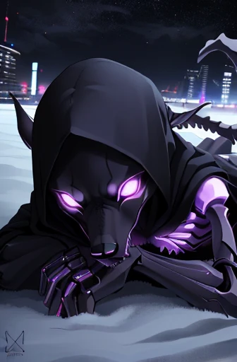 girl, wolf, demon, ((slender)), ((protruding hipbones)), cyborg digitigrade legs, furry tail, ((protruding rib bones)), purple glowing eyes, serious expression, lace hooded poncho, night, snowy city, serious expression, hands tied, ((laying on back)), used condom left inside, focus on rear