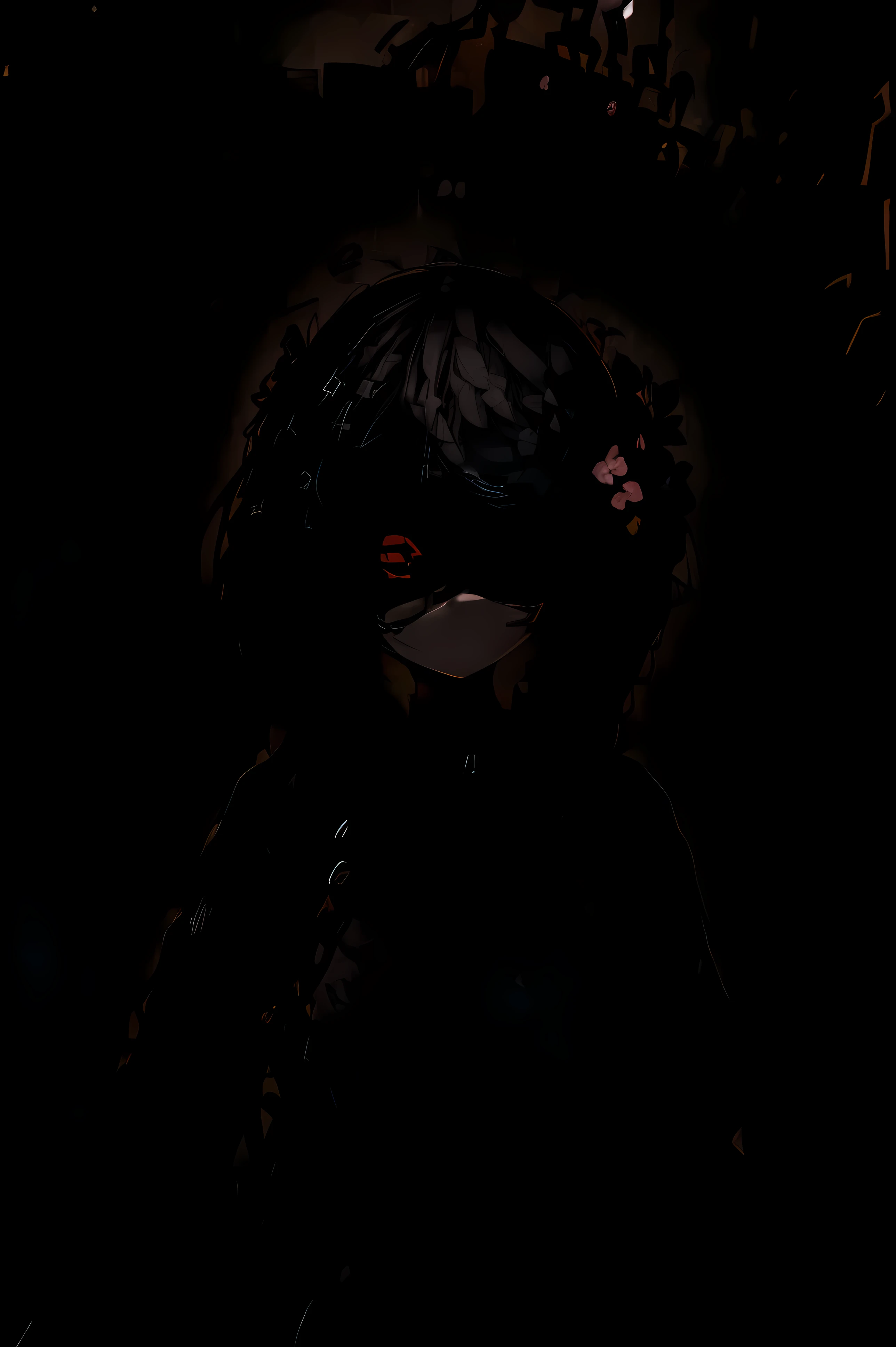 (Black color:1.7), (Flowers:1.5), (Noise Art:1.6), ((an emo girl)), Angel, an emo girl, kawaii, ((chained and bound:1.5)), (Blindfolded:1.5), Black hair, Long hair, Cowboy Shot, abstract expressionism, (Dark background:1.3), (dark gray screen:1.3), (silhuette:1.3), platinum black ocean, depth of fields, Sharp Focus,