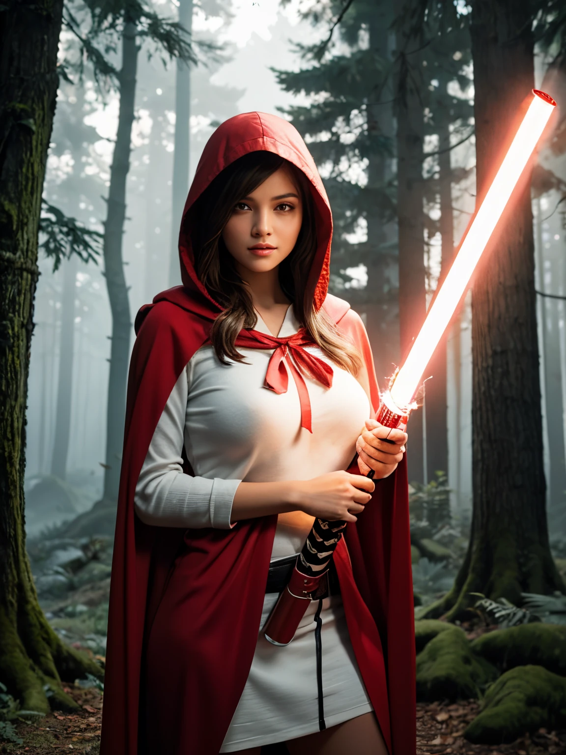 extremely beautiful red riding hood, subtle makeup, golden hour, photorealistic, high contrast, 8k HD, detailed, hyper-detailed, realistic skin texture, covered with red hood, large breast, best quality, ultra high res, raw photo, dramatic lighting, unreal engine, diffuse glow, intricate red hood, outdoor, realistic detailed dark forest, falling leaves, breeze, holding light saber