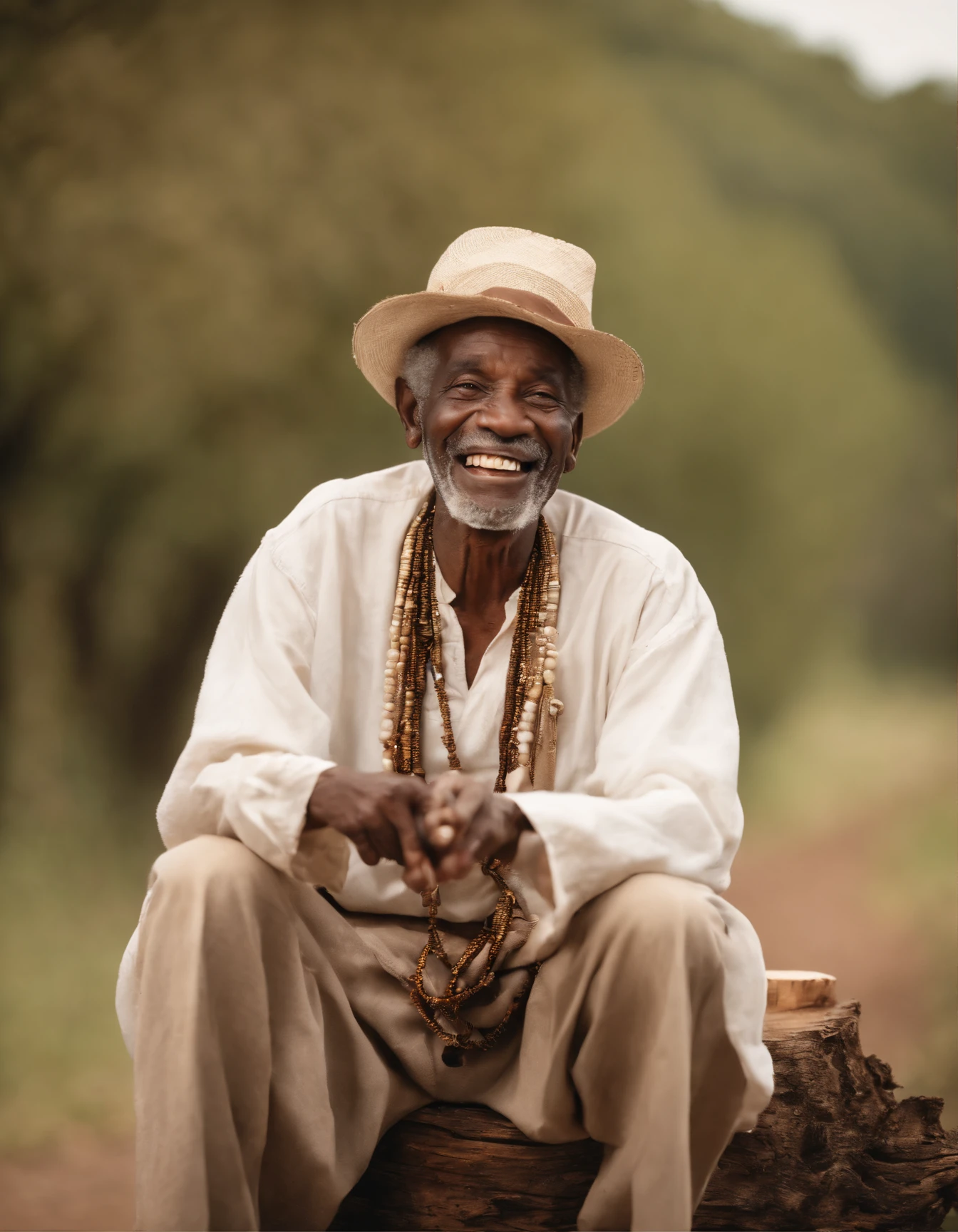 Laughing very old african man with a very enthusiastic expression, in the style of Frances Brundage, sitting on a tree stump, on the side of a country road, smoking an old pipe, white traditional African clothing