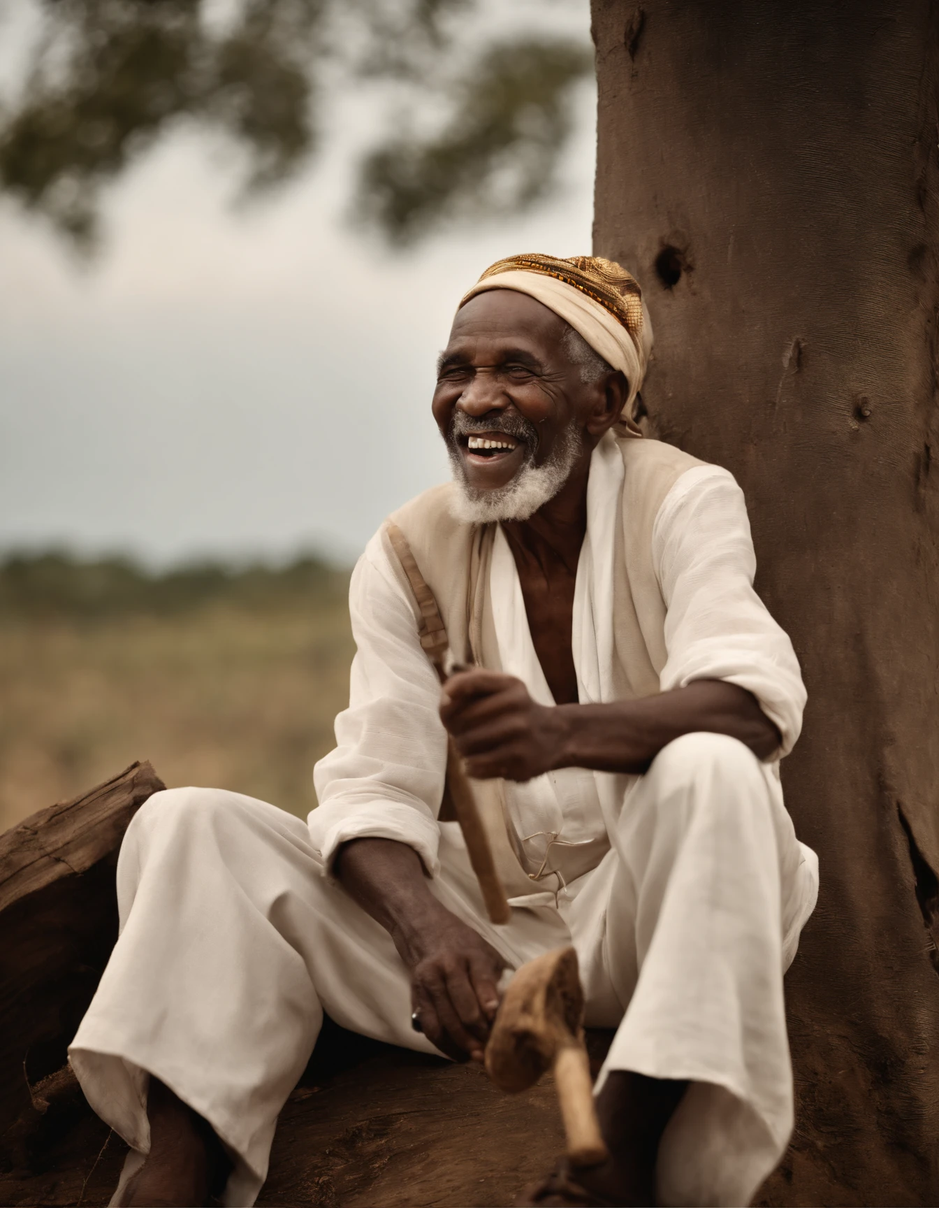 Laughing very old african man with a very enthusiastic expression, in the style of Frances Brundage, sitting on a tree stump, on the side of a country road, smoking an old pipe, white traditional African clothing