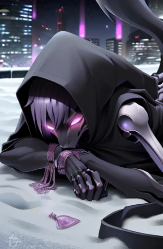 girl, wolf, demon, ((slender)), ((protruding hipbones)), cyborg digitigrade legs, furry tail, ((protruding rib bones)), purple glowing eyes, serious expression, lace hooded poncho, night, snowy city, serious expression, hands tied, ((laying on back)), used condom left inside, focus on rear