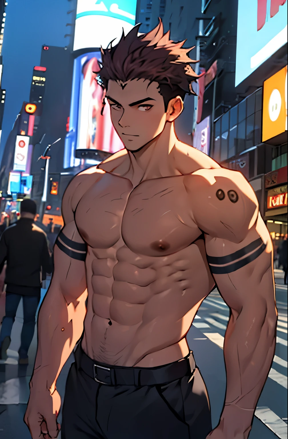 A mais alta qualidade, 8K, image high resolution, Detailed strokes, no meio de uma avenida movimentada estilo Times Square, muito sol, 夏天 , muito calor, apoiado em um dos postes, extroverted way, adolecente, Dark Pink Hair, no shirt , masculo, swollen chest , suado, (Angulo de Baixo), (Angulo Perto) , musculos amostra, pernas definidas, defined arms, abdomen definido, no shirt, corpo suado por causa do calor, lindos corpo musculoso e definido, corpo detalhado