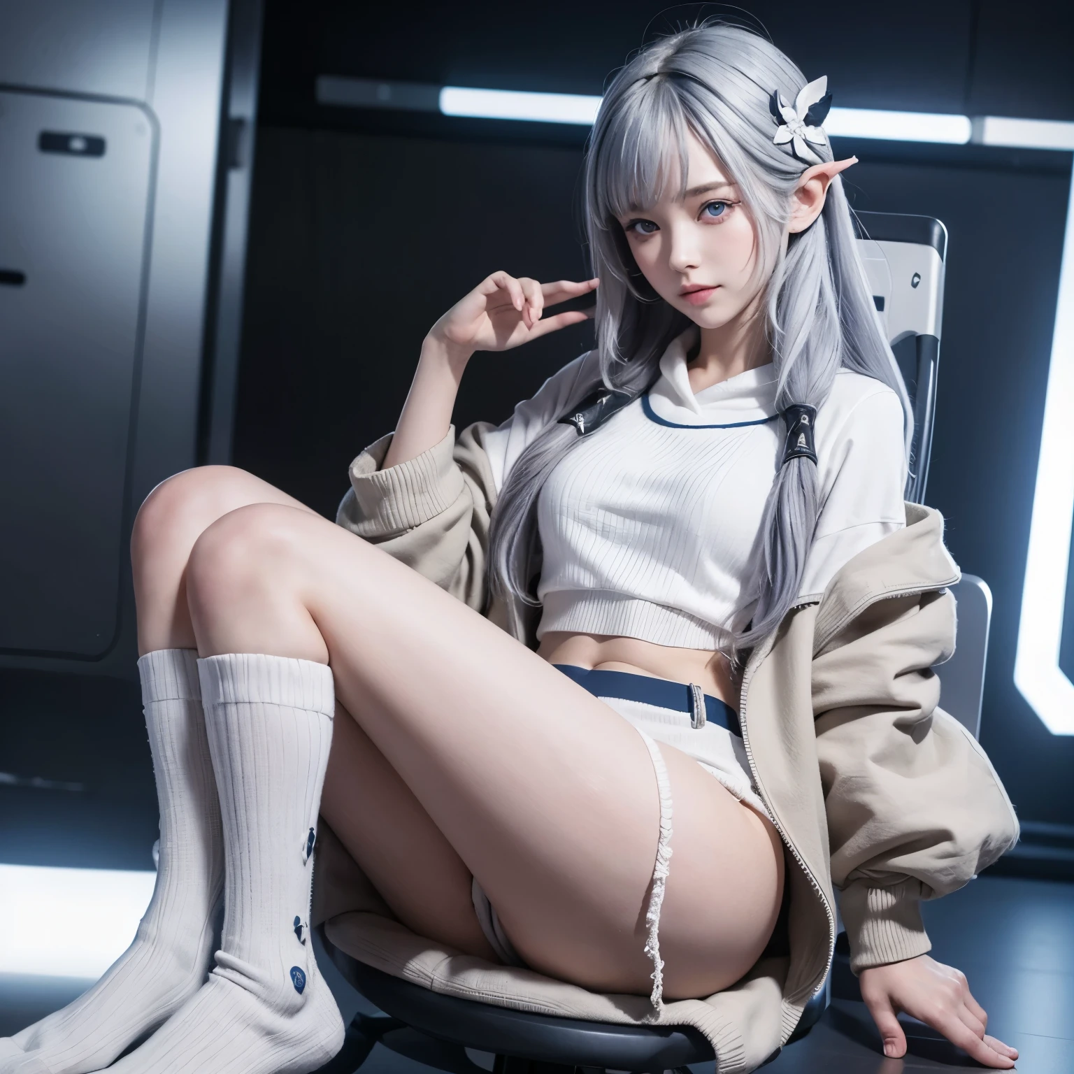 1 girl, solo, Himari, Blue Archive, straight long silver hair, gorgeous deep blue eyes, oversized white sweater with hoodie, black knee high socks, ultra detailed, best quality, highest resolution
