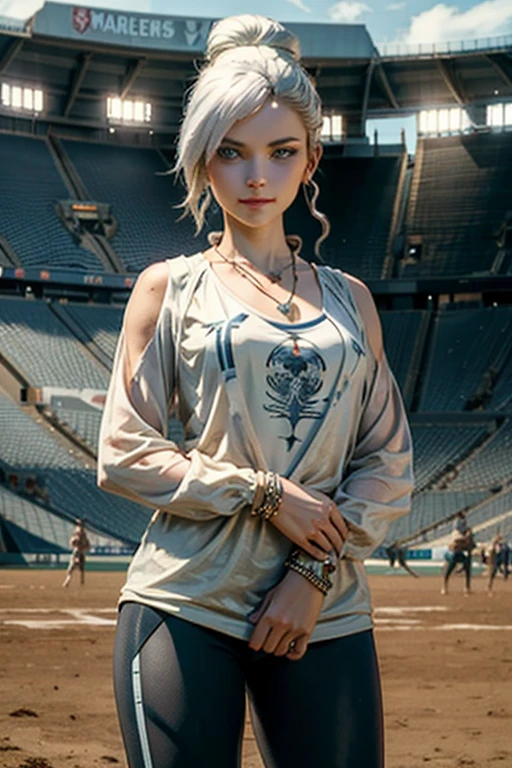 masterpiece, best quality:1.2), cowboy shot, solo, 1girl, rwbywinter, expressionless, closed mouth, looking at viewer, smile, hair over one eye, single hair bun, t-shirt, yoga pants, necklace, bangles, earrings, standing in stadium