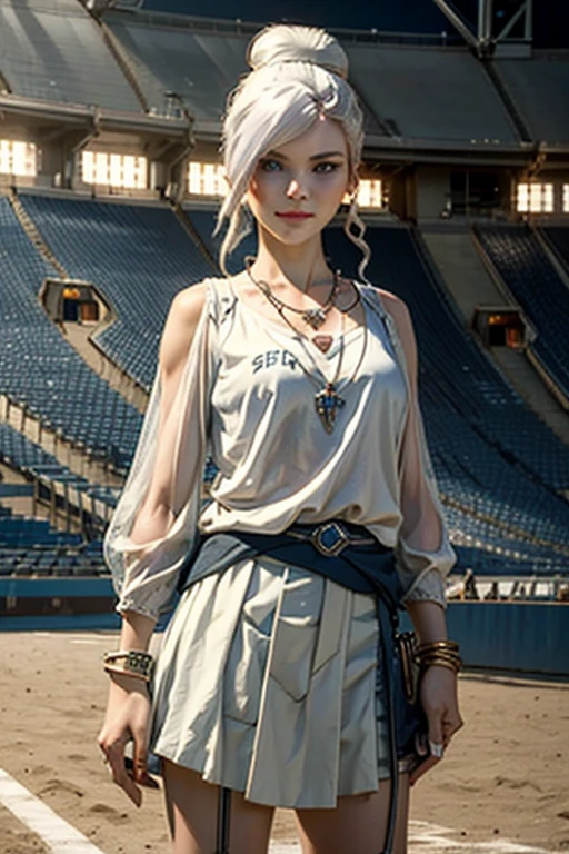 masterpiece, best quality:1.2), cowboy shot, solo, 1girl, rwbywinter, expressionless, closed mouth, looking at viewer, smile, hair over one eye, single hair bun, t-shirt, skirt, necklace, bangles, earrings, standing in stadium