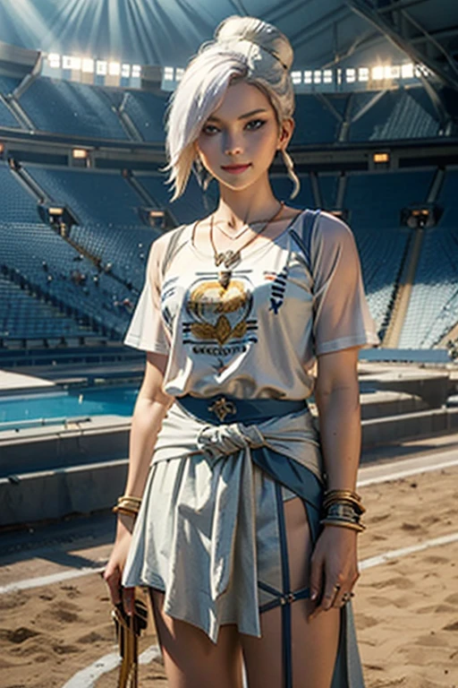 masterpiece, best quality:1.2), cowboy shot, solo, 1girl, rwbywinter, expressionless, closed mouth, looking at viewer, smile, hair over one eye, single hair bun, t-shirt, skirt, necklace, bangles, earrings, standing in stadium