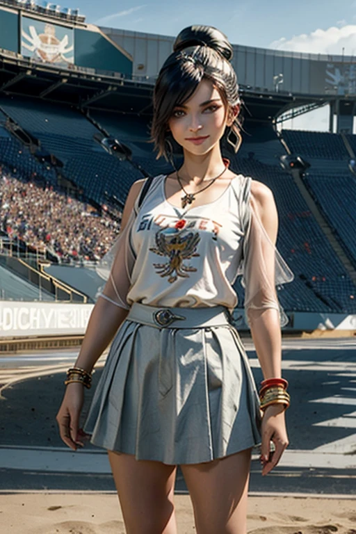 masterpiece, best quality:1.2), cowboy shot, solo, 1girl, rwbywinter, expressionless, closed mouth, looking at viewer, smile, hair over one eye, single hair bun, t-shirt, skirt, necklace, bangles, earrings, standing in stadium