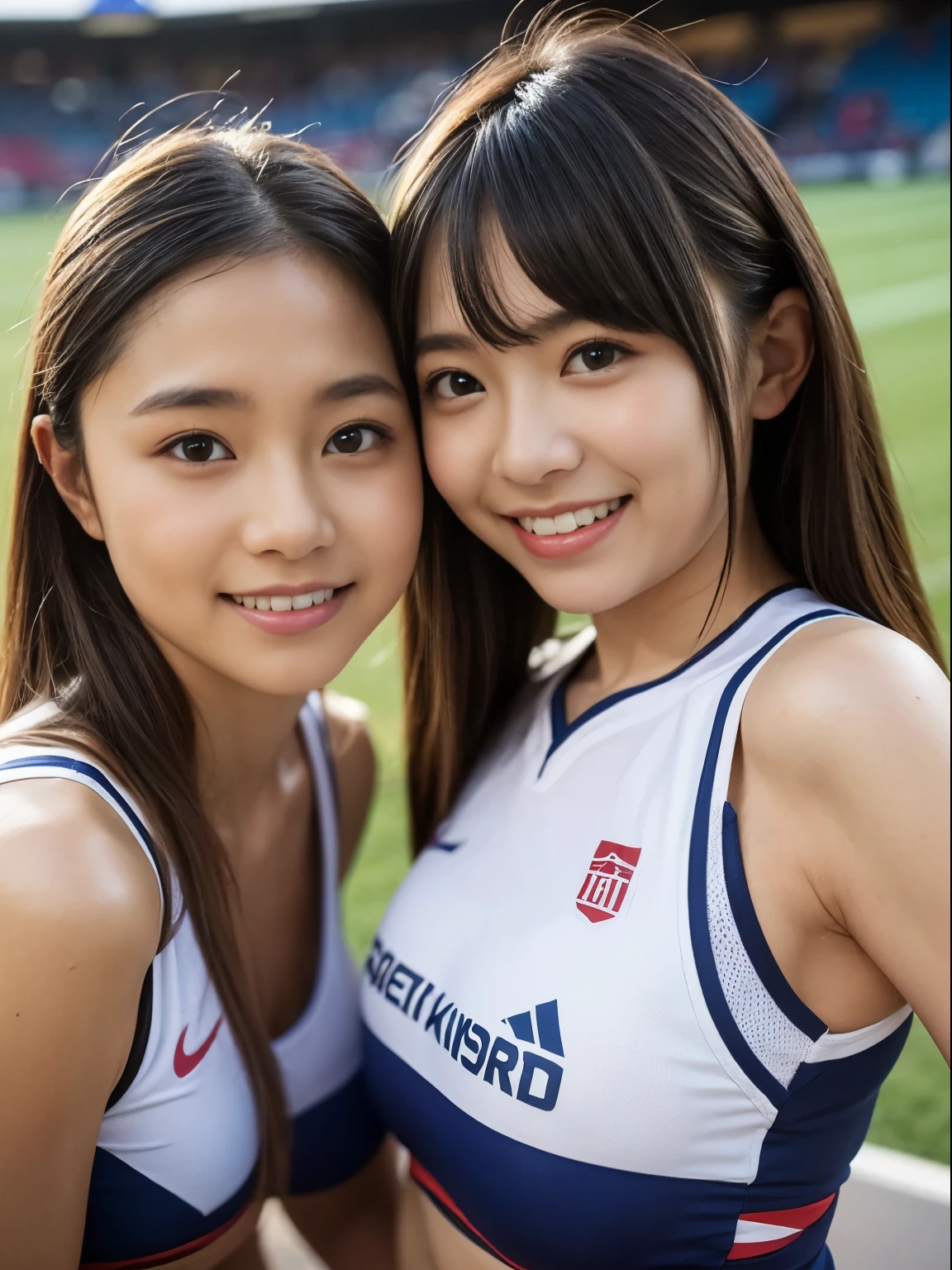 (8K, 超A high resolution, Best Quality, masutepiece:1.2),(18year old:1.2)、(Look away)、8K、RAW portrait of japanese girl、Photorealsitic、超A high resolution、top-quality、 (quite massive chest、Toned and slender body:1.2)(Volleyball Club、Volleyball Uniforms、high-leg bloomer、Black hair long one length hair:1.35)(Female teammate duo、Put your hand inside the bloomers、Slip your hand inside bloomers、Hug your teammates、Charming smile:1.6)