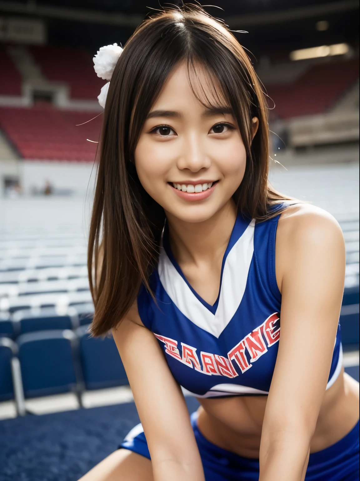 Two Ala-Fed Asian cheerleaders posing dynamically with pom-poms in stadium, close-up, Photo, Anime , Small breasts, RAW Photo, Best Quality, High resolution, (masutepiece), (Photorealistic:1.4), professional Photography, Sharp Focus, nffsw, 8K resolution, intricate-detail, depth of fields, Highly detailed CG Unity 8k wallpaper, Front light, NSFW, Women, girl, beautiful supermodel, Smile, slender, Small Cheer Uniform, yellow,